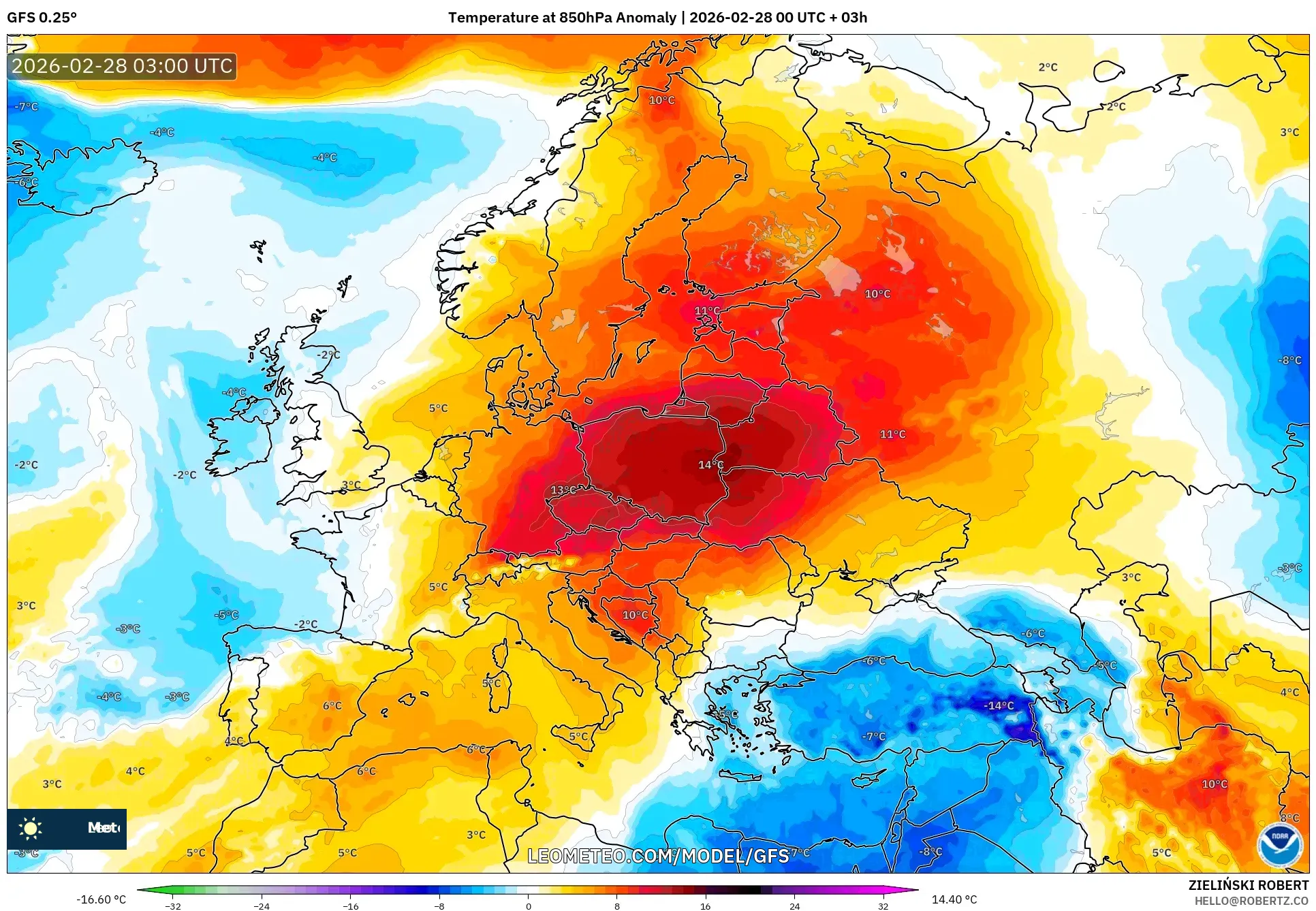 GFS model - Europe, Temperature at 850hPa Anomaly
