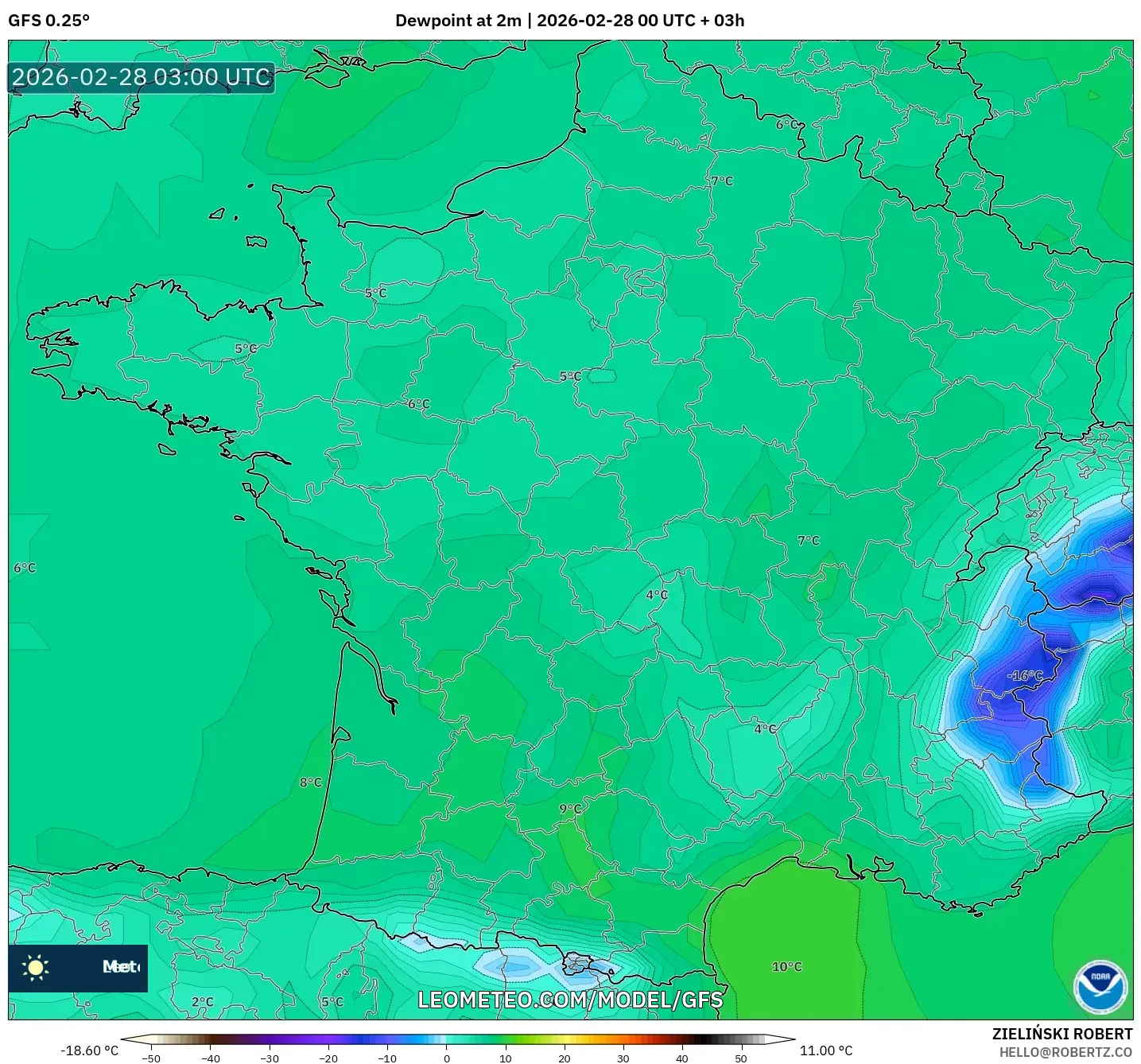 GFS model - France, Dewpoint at 2m