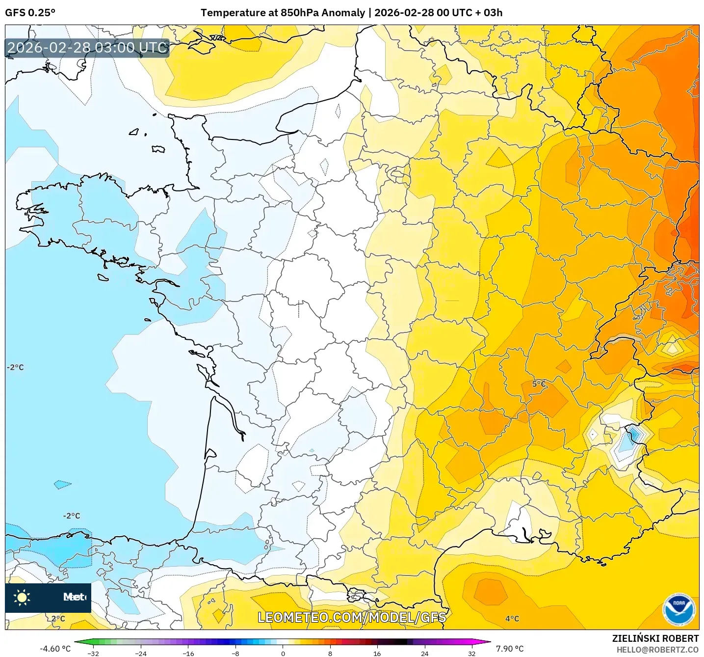 GFS model - France, Temperature at 850hPa Anomaly