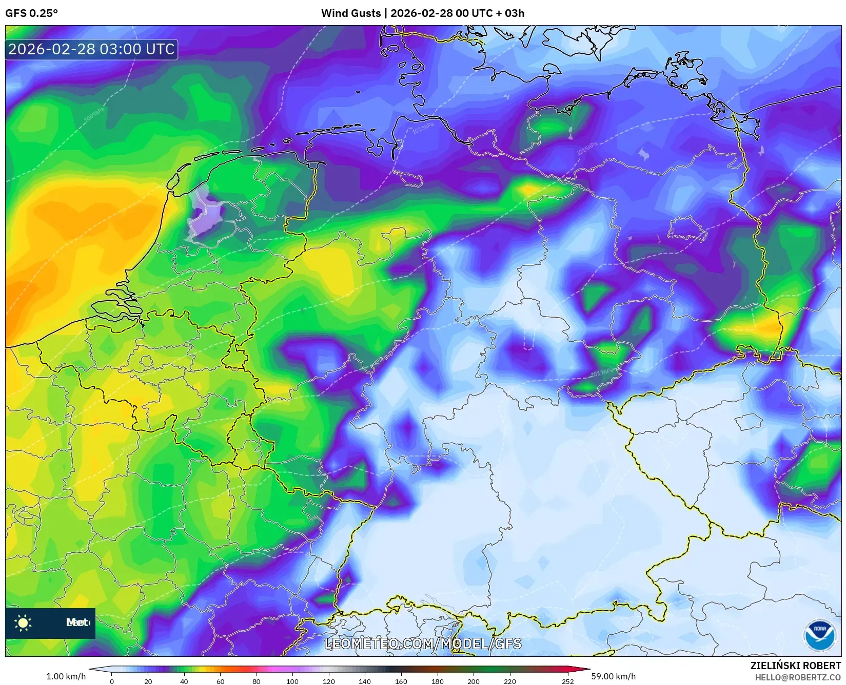 GFS model - Germany, Wind Gusts