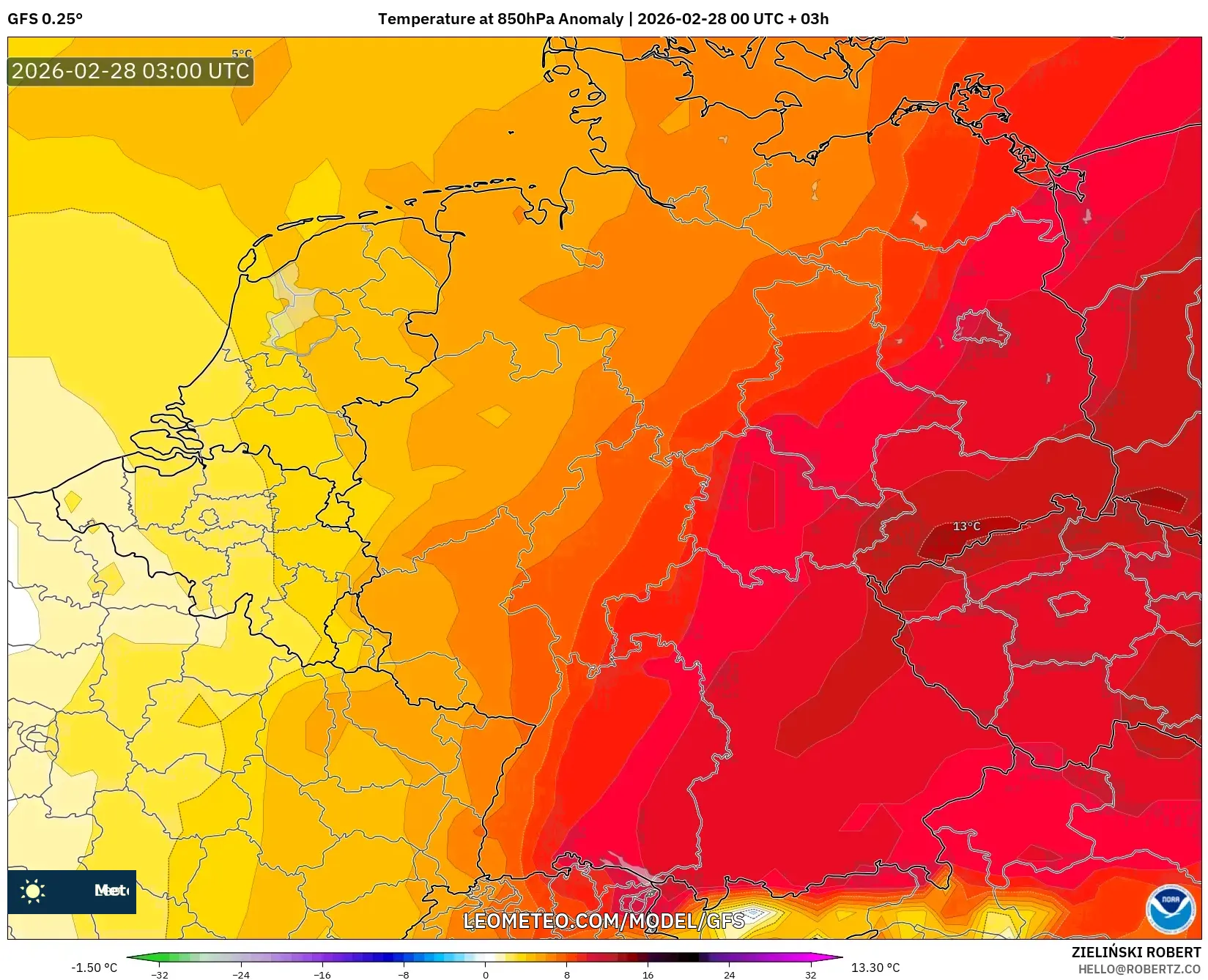 GFS model - Germany, Temperature at 850hPa Anomaly