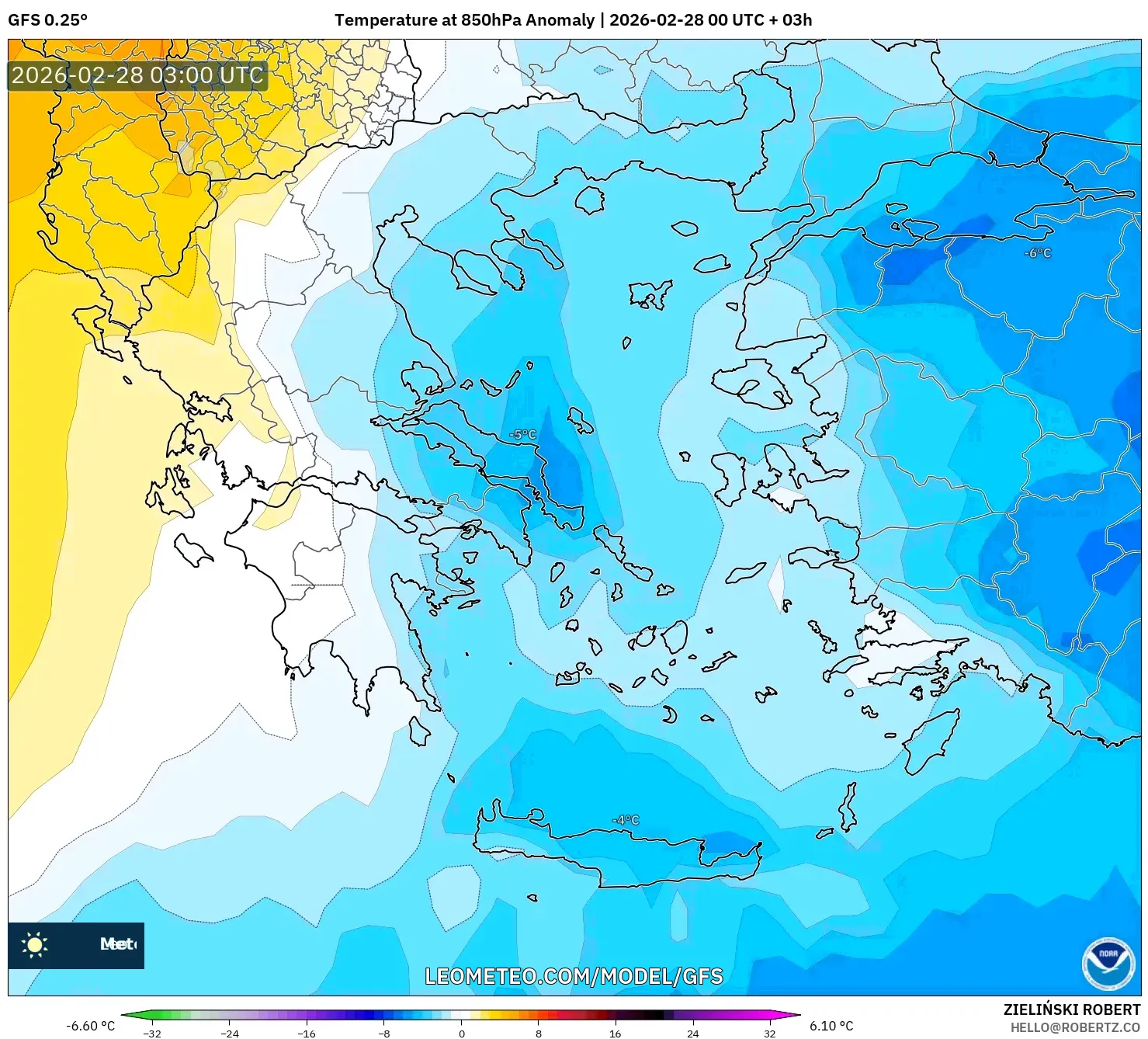 GFS model - Greece, Temperature at 850hPa Anomaly