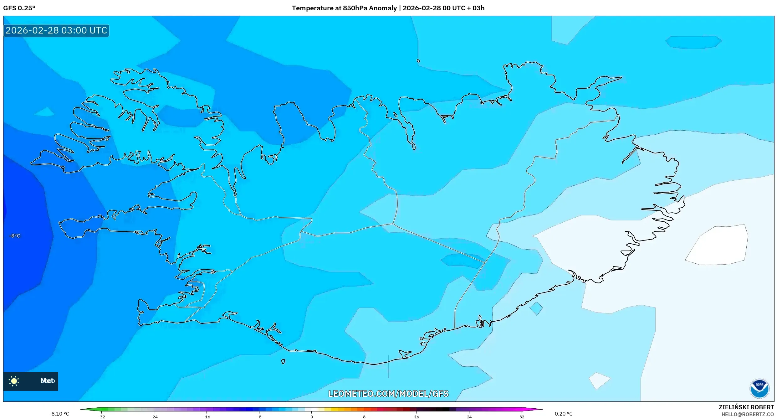 GFS model - Iceland, Temperature at 850hPa Anomaly