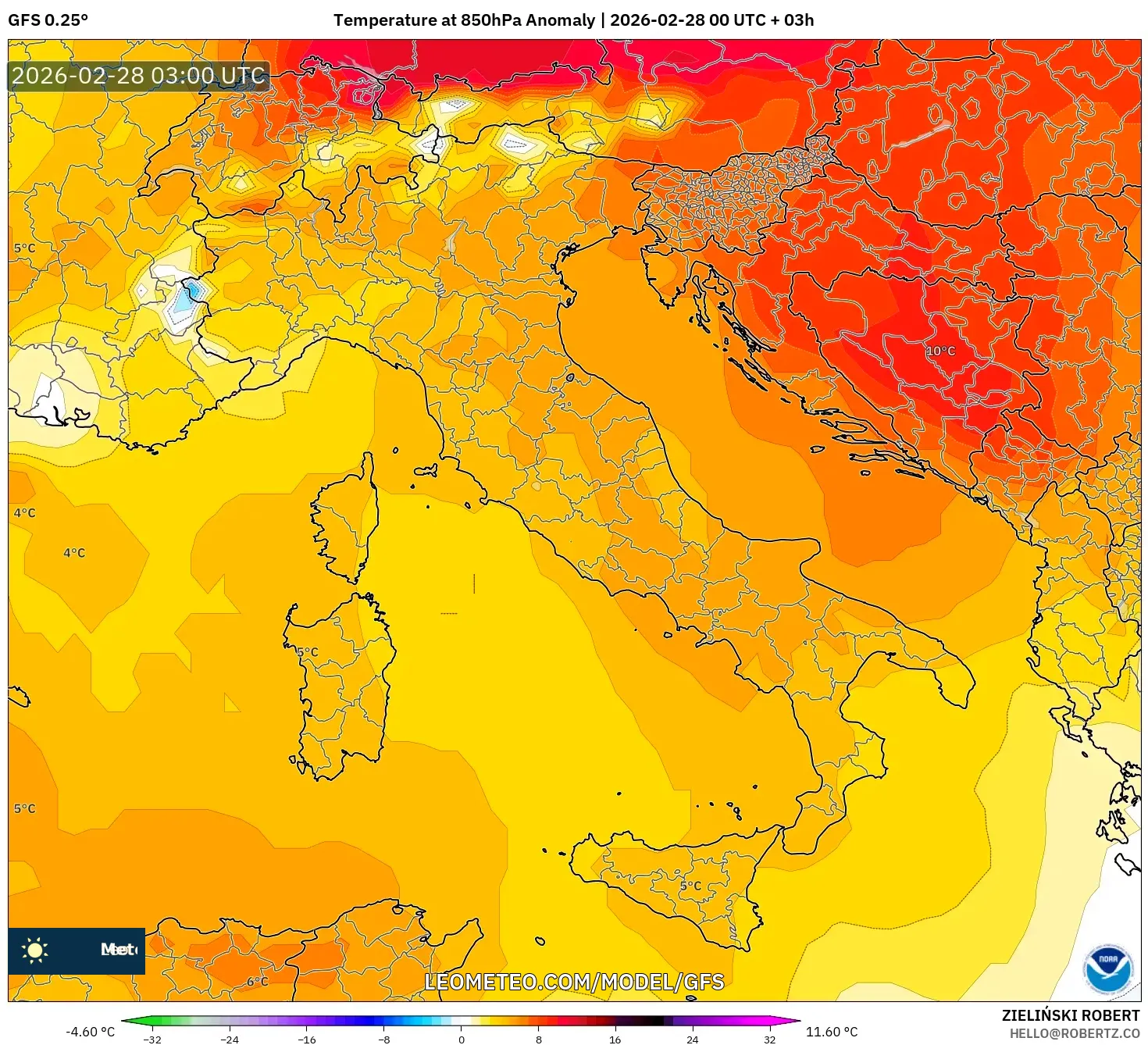 GFS model - Italy, Temperature at 850hPa Anomaly