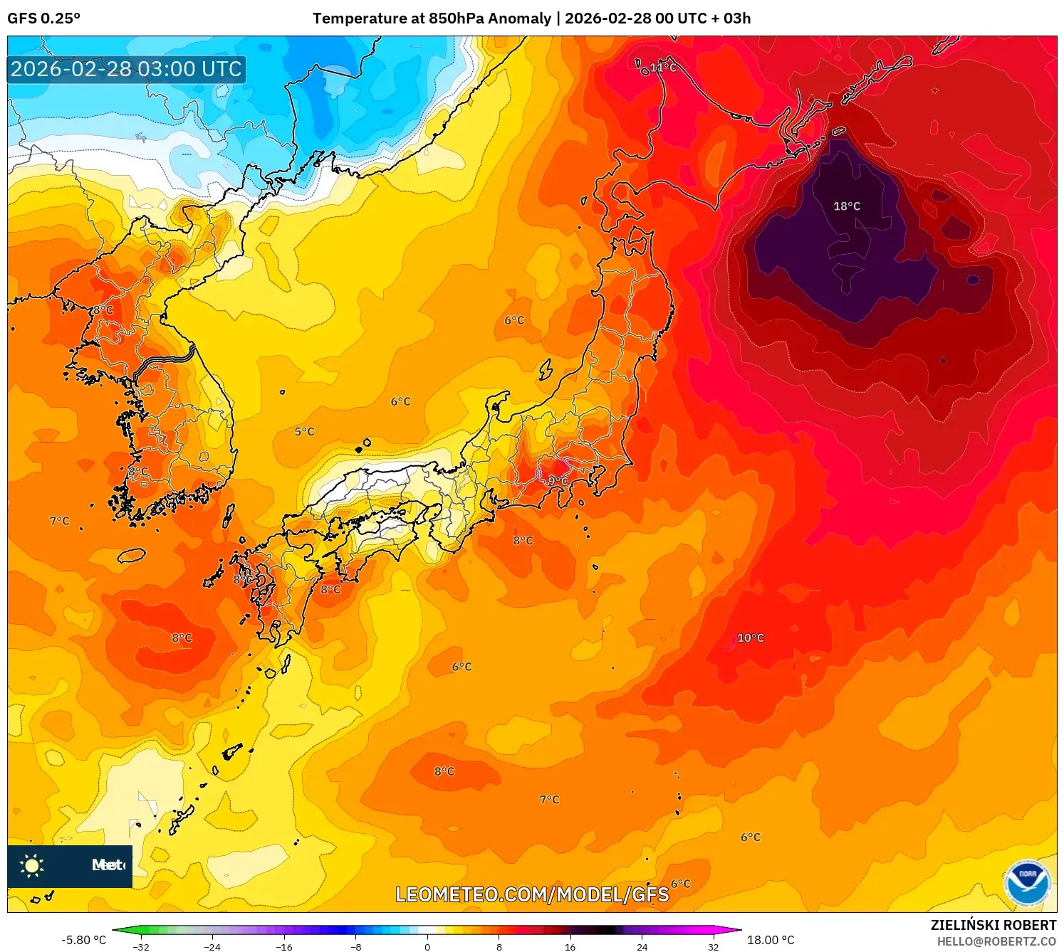 GFS model - Japan, Temperature at 850hPa Anomaly