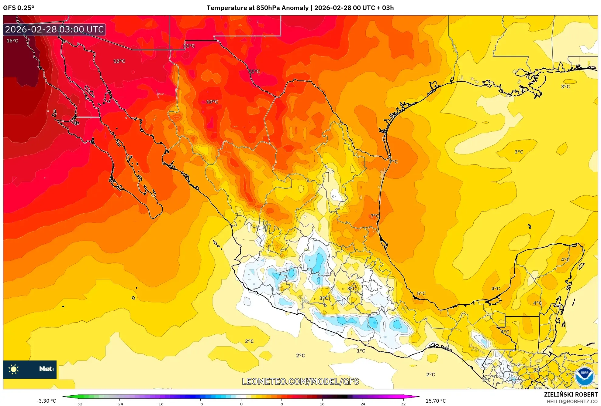 GFS model - Mexico, Temperature at 850hPa Anomaly