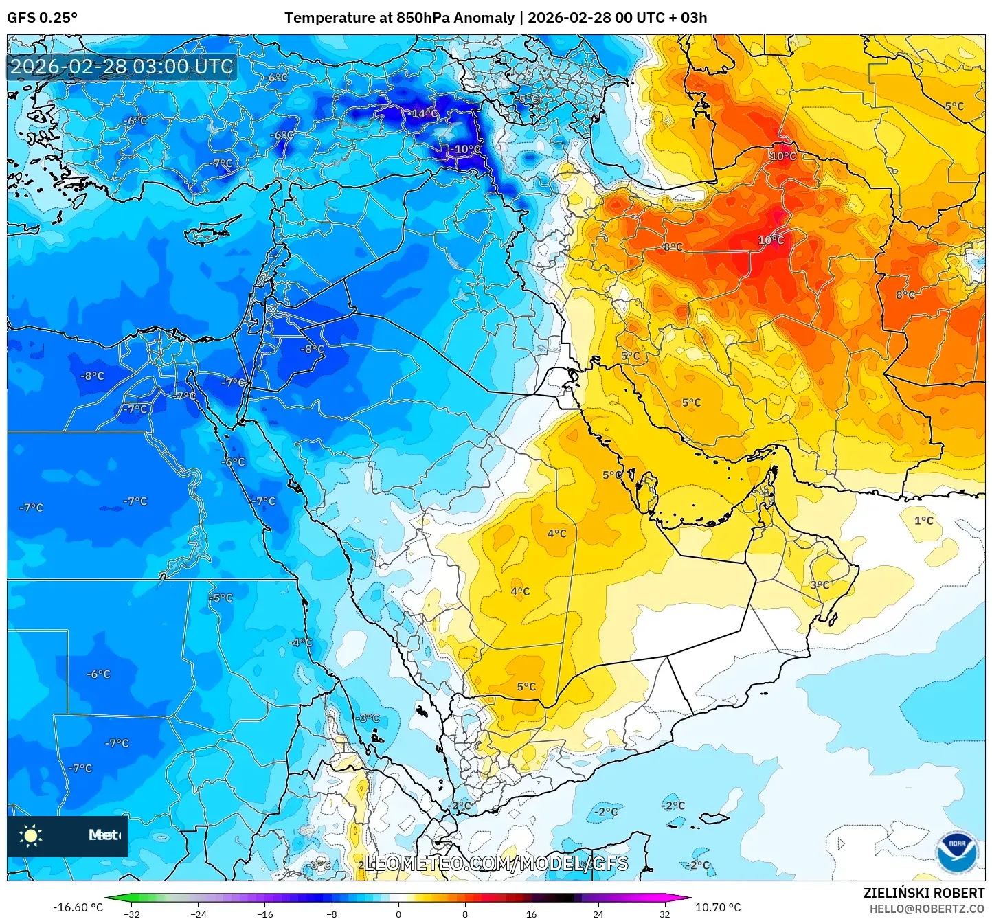 GFS model - Middle East, Temperature at 850hPa Anomaly