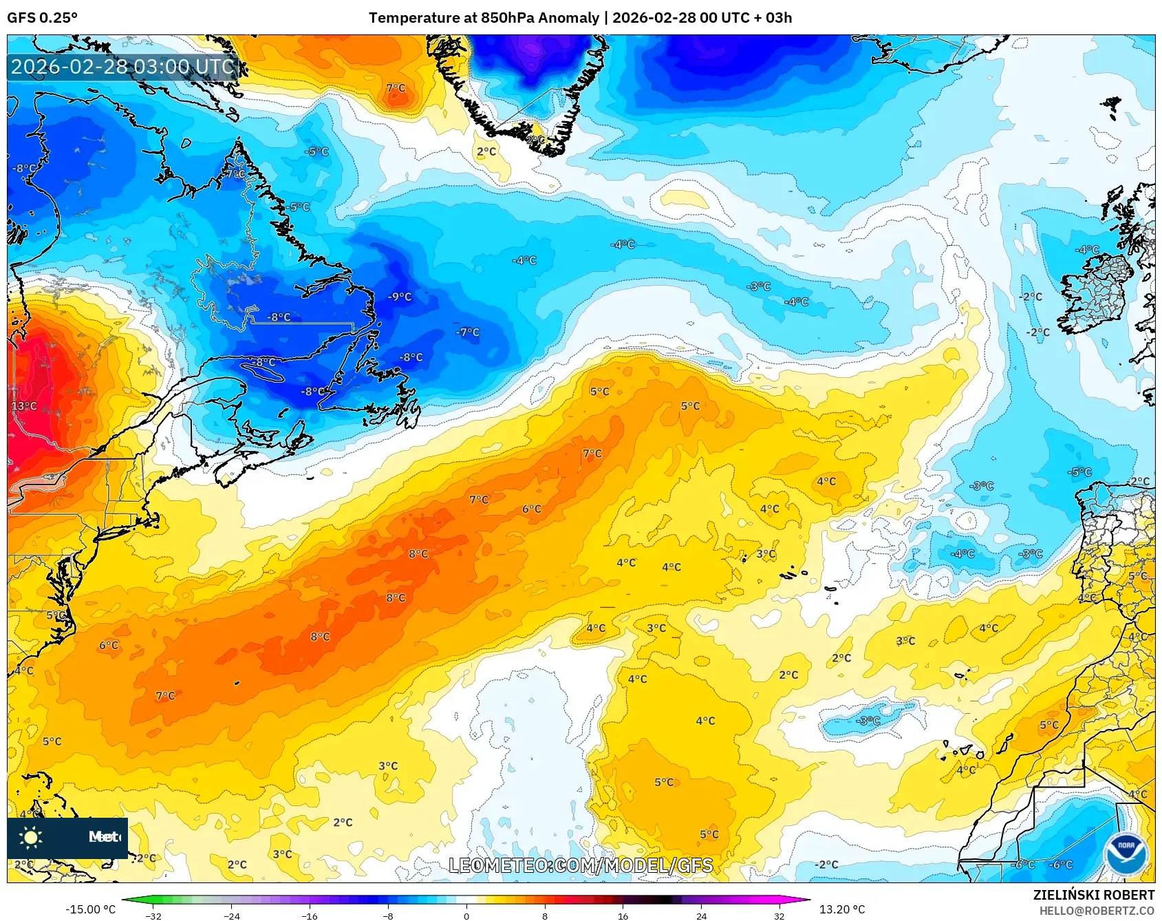 GFS model - North Atlantic, Temperature at 850hPa Anomaly