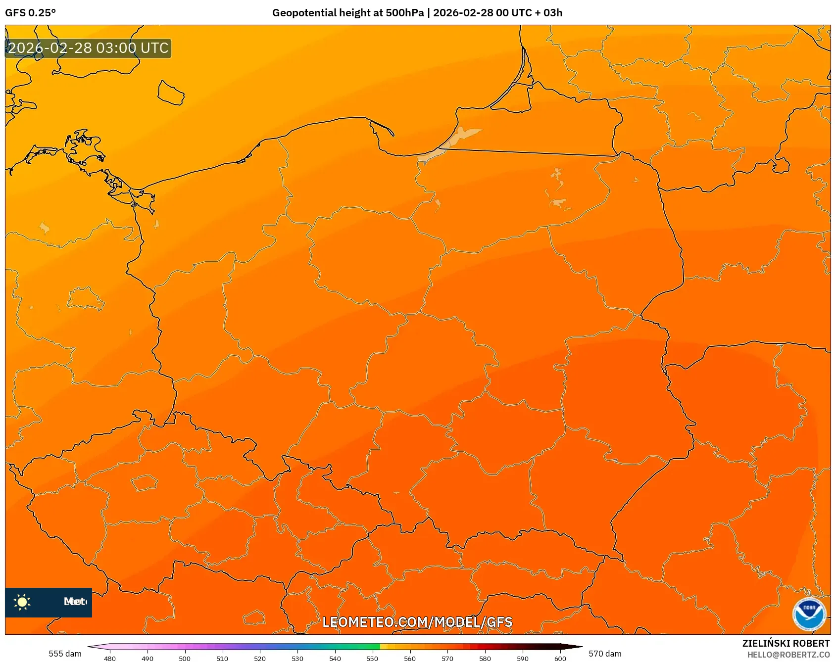 GFS model - Poland, Geopotential height at 500hPa