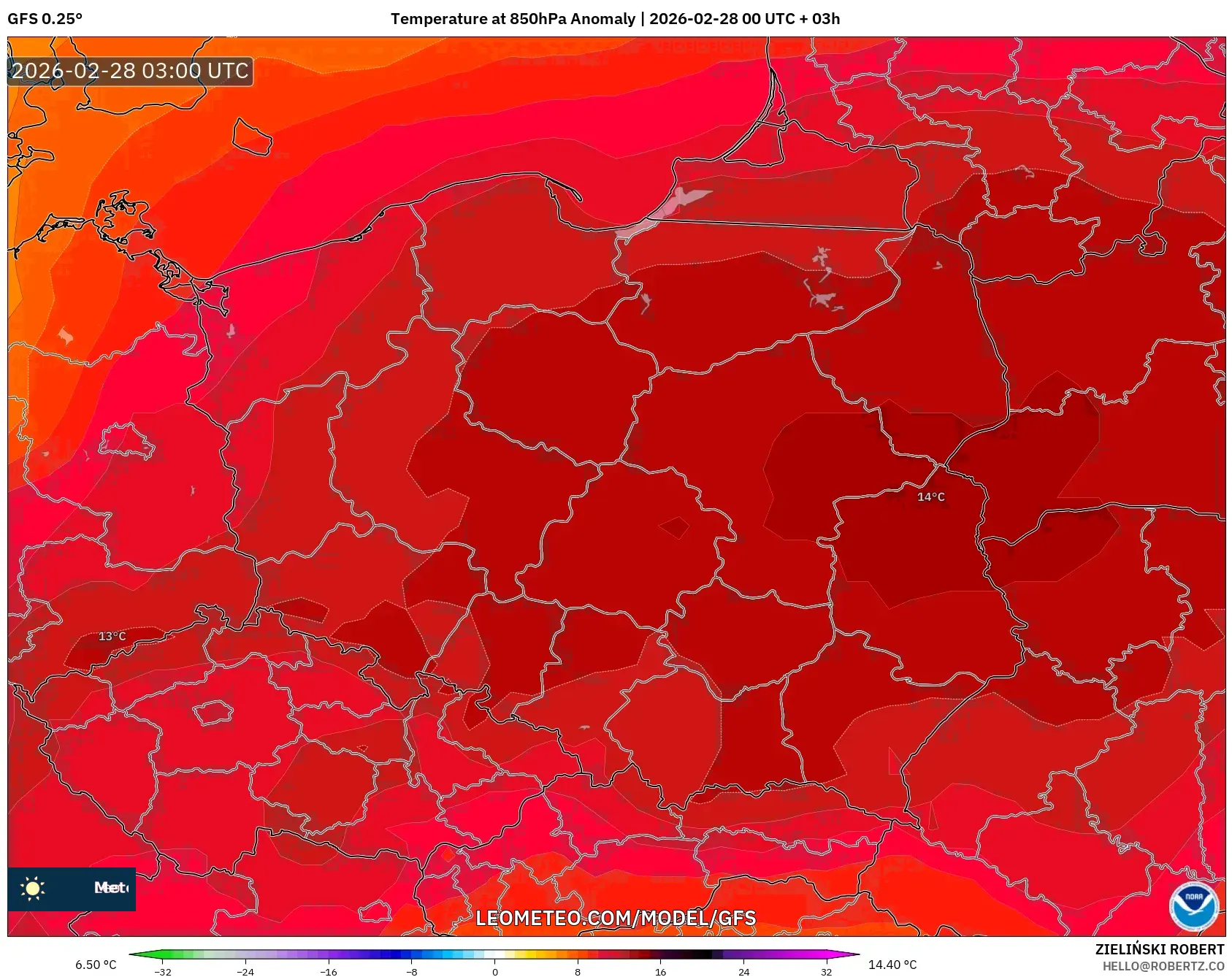 GFS model - Poland, Temperature at 850hPa Anomaly