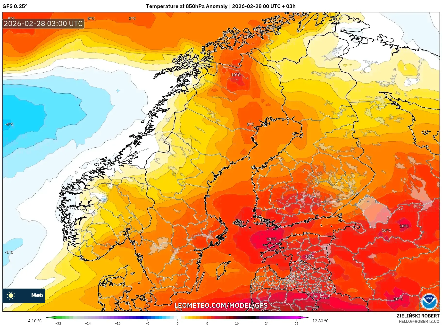 GFS model - Scandinavia, Temperature at 850hPa Anomaly