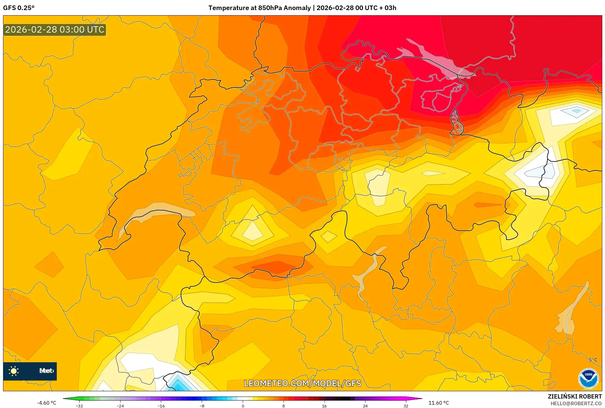 GFS model - Switzerland, Temperature at 850hPa Anomaly