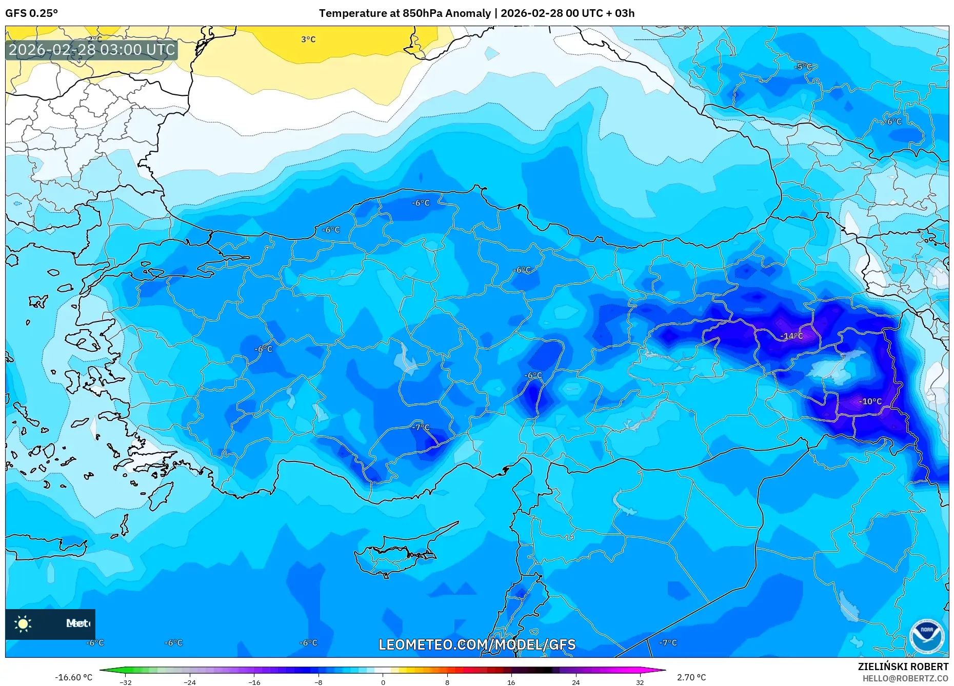 GFS model - Turkey, Temperature at 850hPa Anomaly