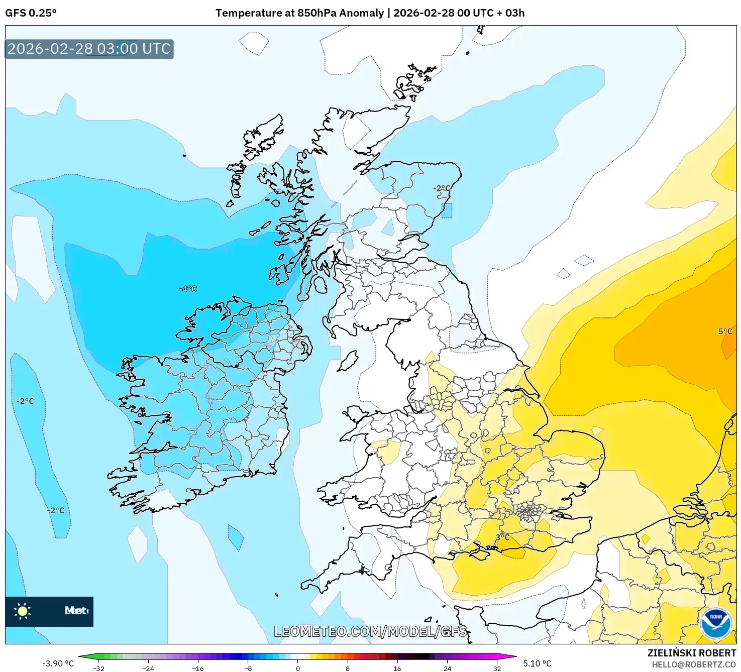 GFS model - United Kingdom, Temperature at 850hPa Anomaly