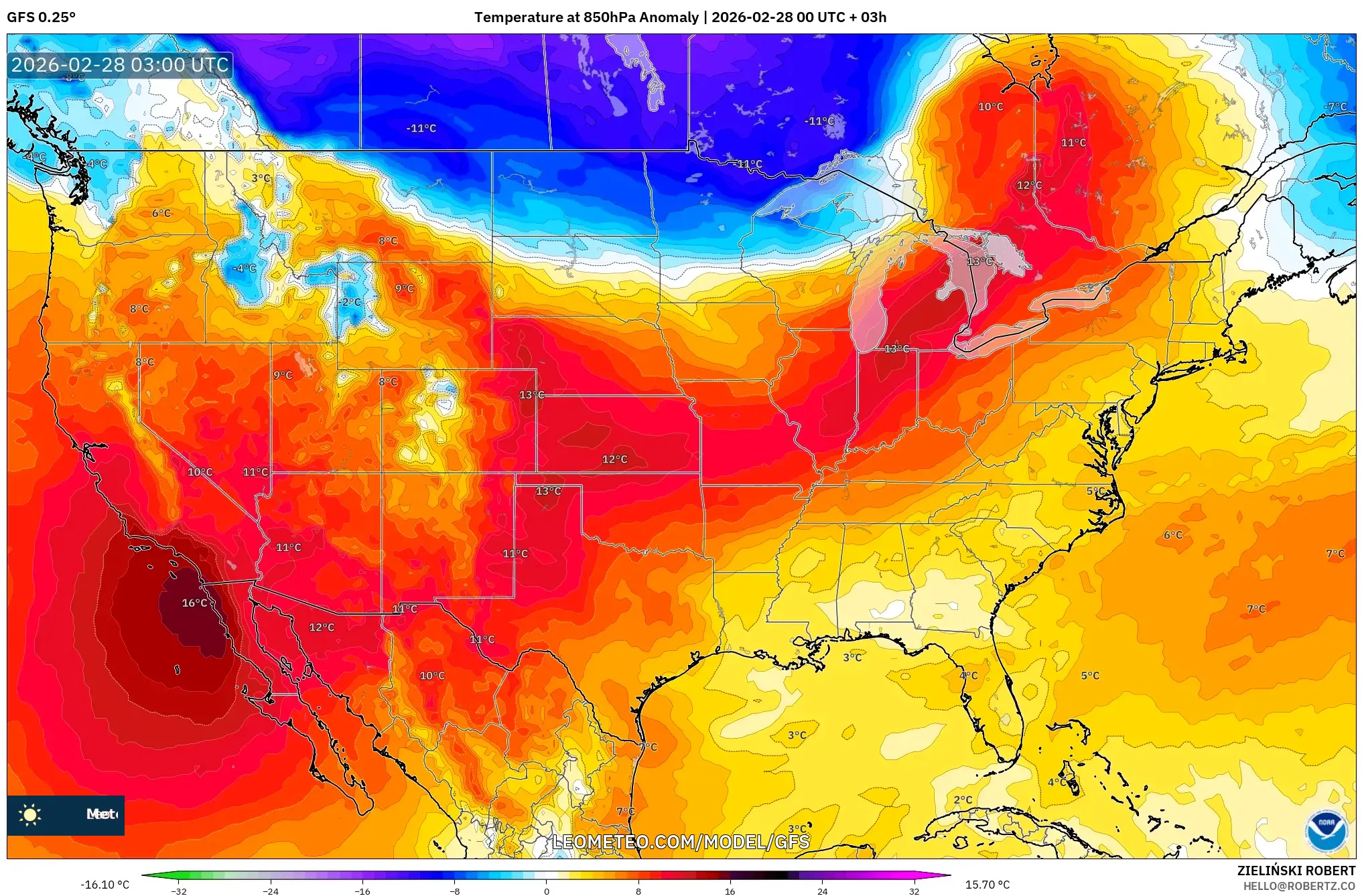 GFS model - United States, Temperature at 850hPa Anomaly