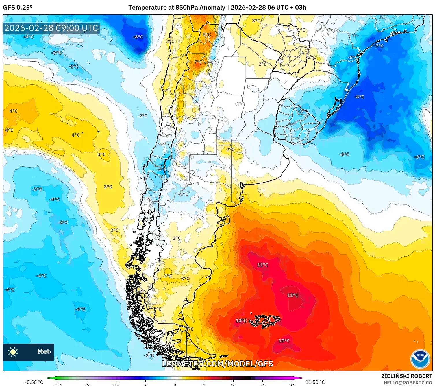 GFS model - Argentina, Temperature at 850hPa Anomaly
