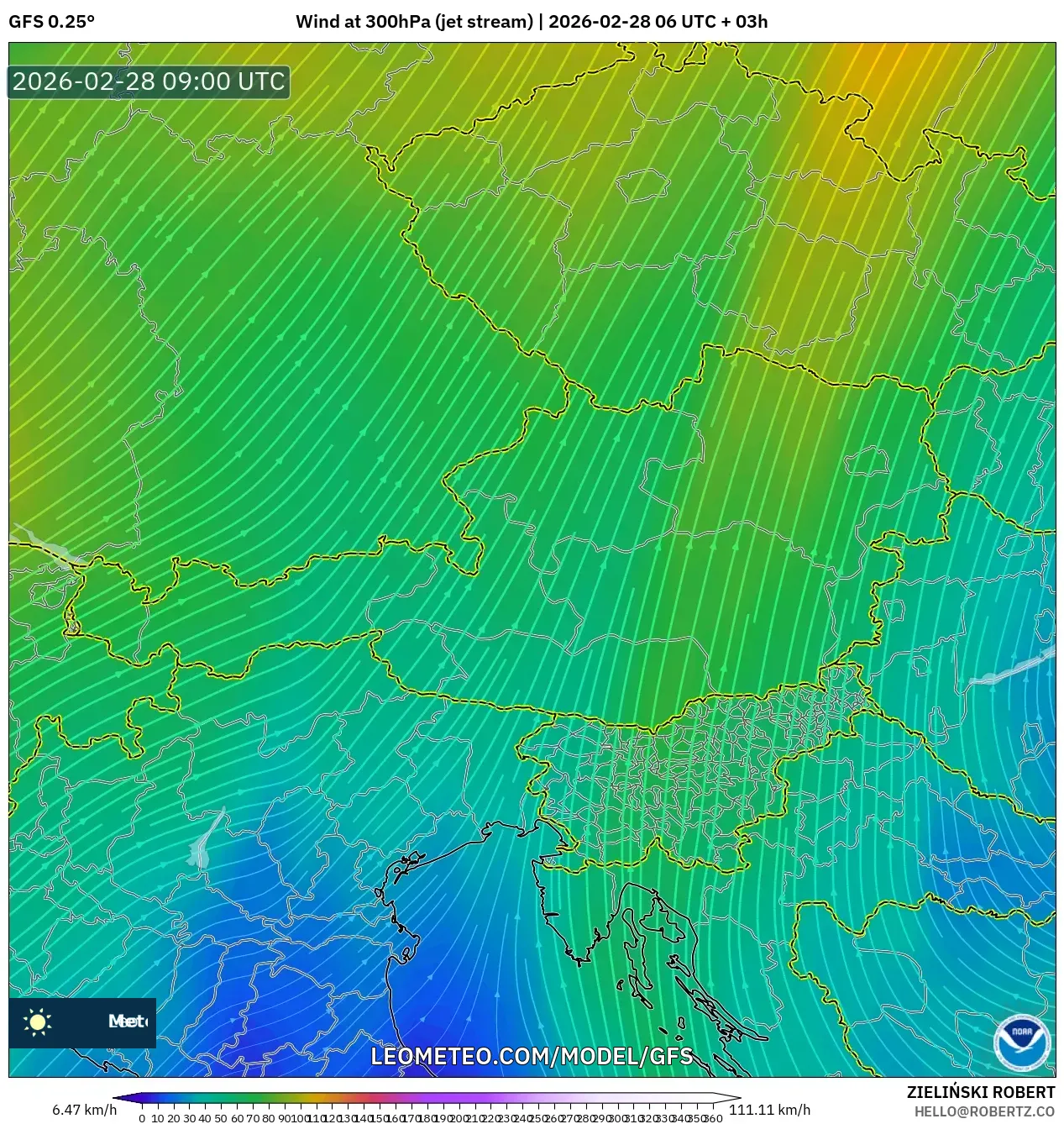 GFS model - Austria, Wind at 300hPa (jet stream)