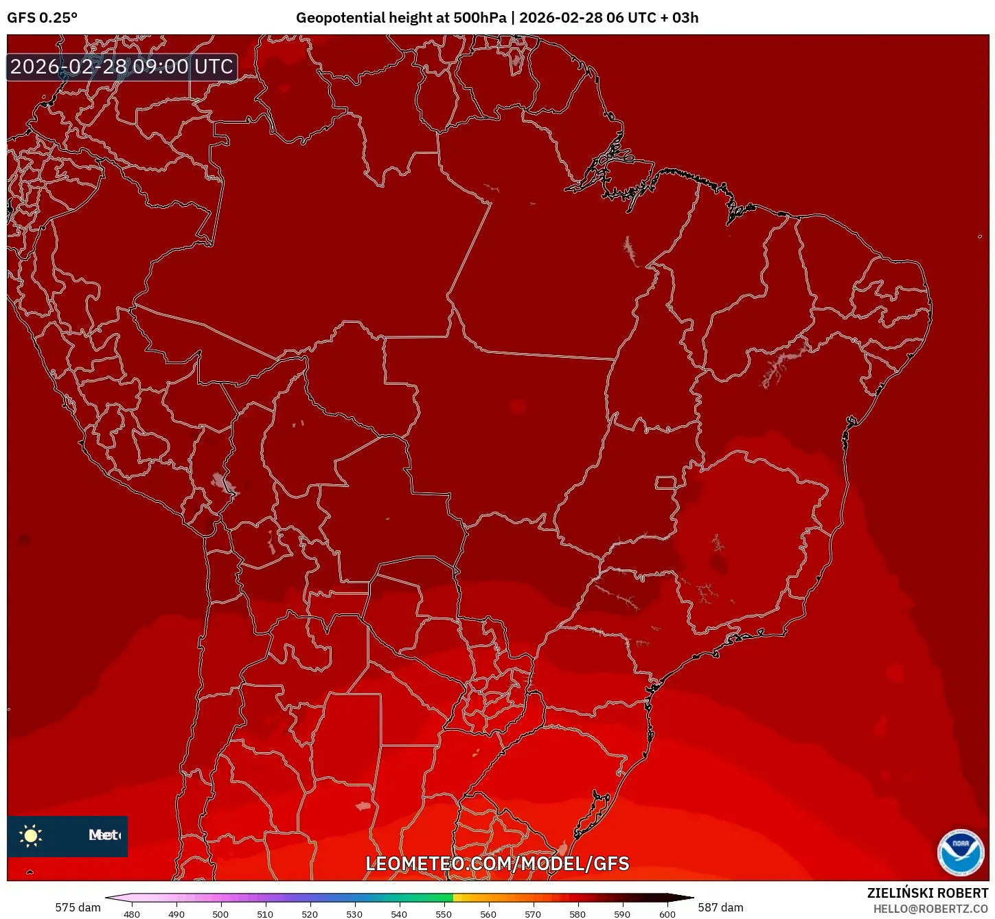 GFS model - Brazil, Geopotential height at 500hPa