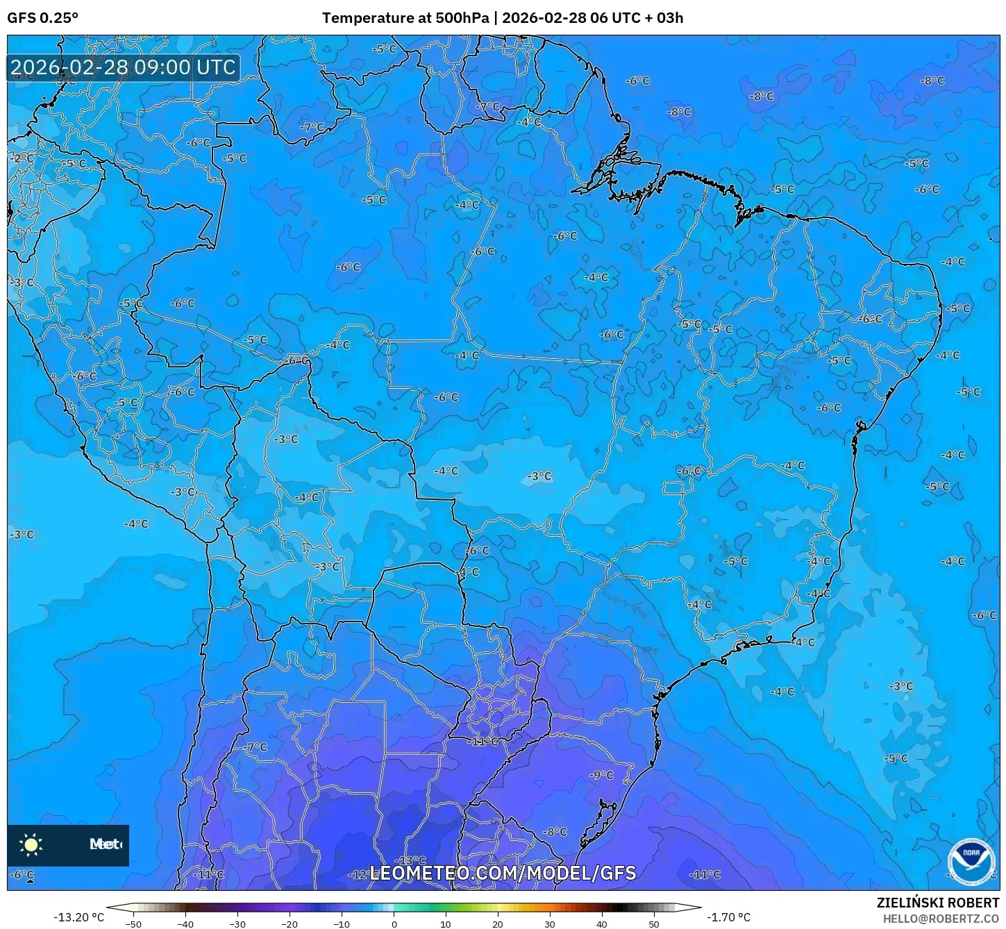 GFS model - Brazil, Temperature at 500hPa
