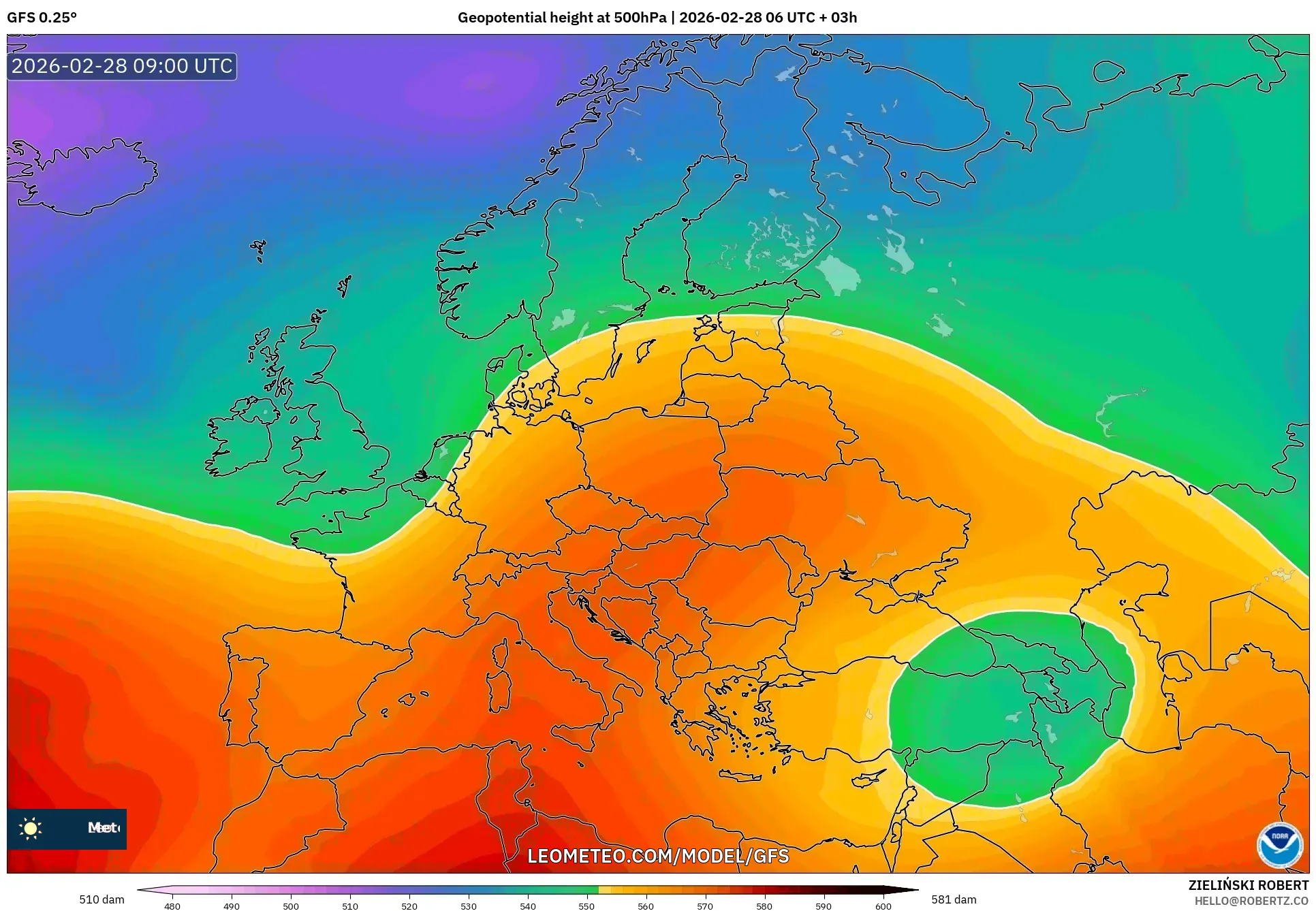 GFS model - Europe, Geopotential height at 500hPa