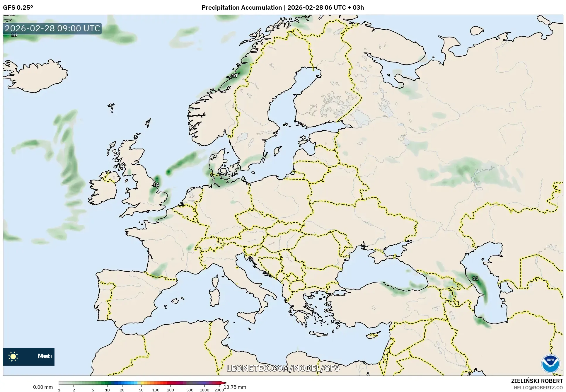 GFS model - Europe, Precipitation Accumulation