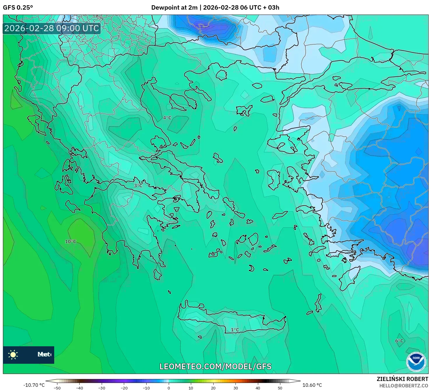 GFS model - Greece, Dewpoint at 2m