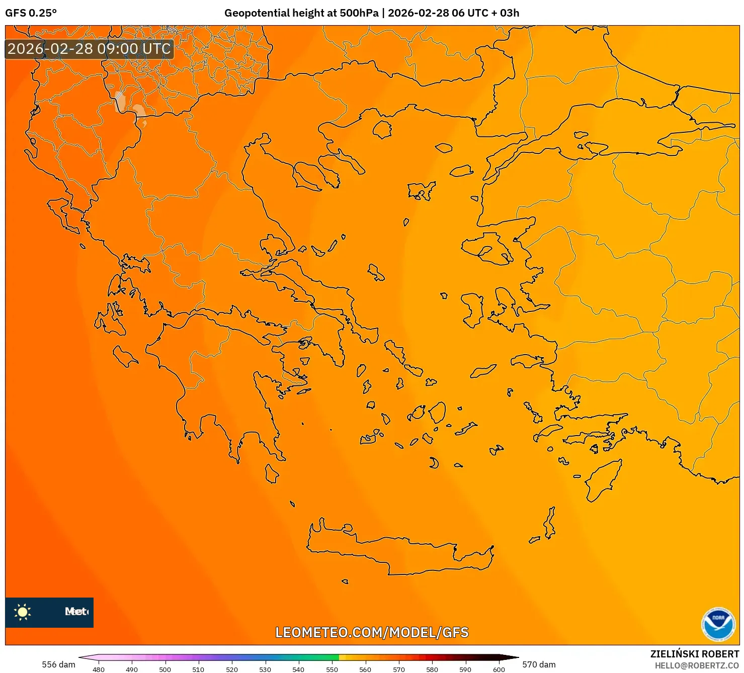 GFS model - Greece, Geopotential height at 500hPa