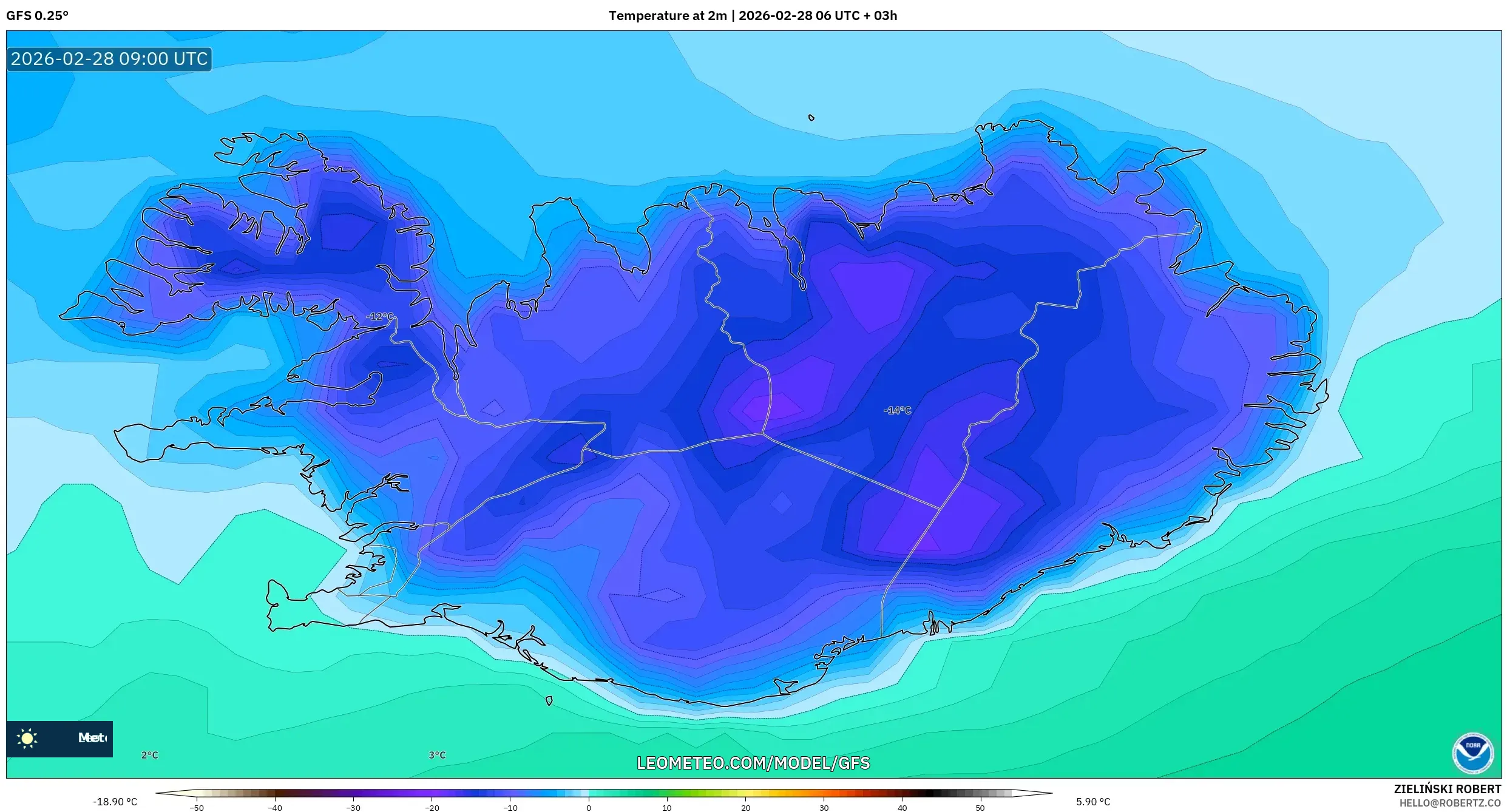GFS model - Iceland, Temperature at 2m