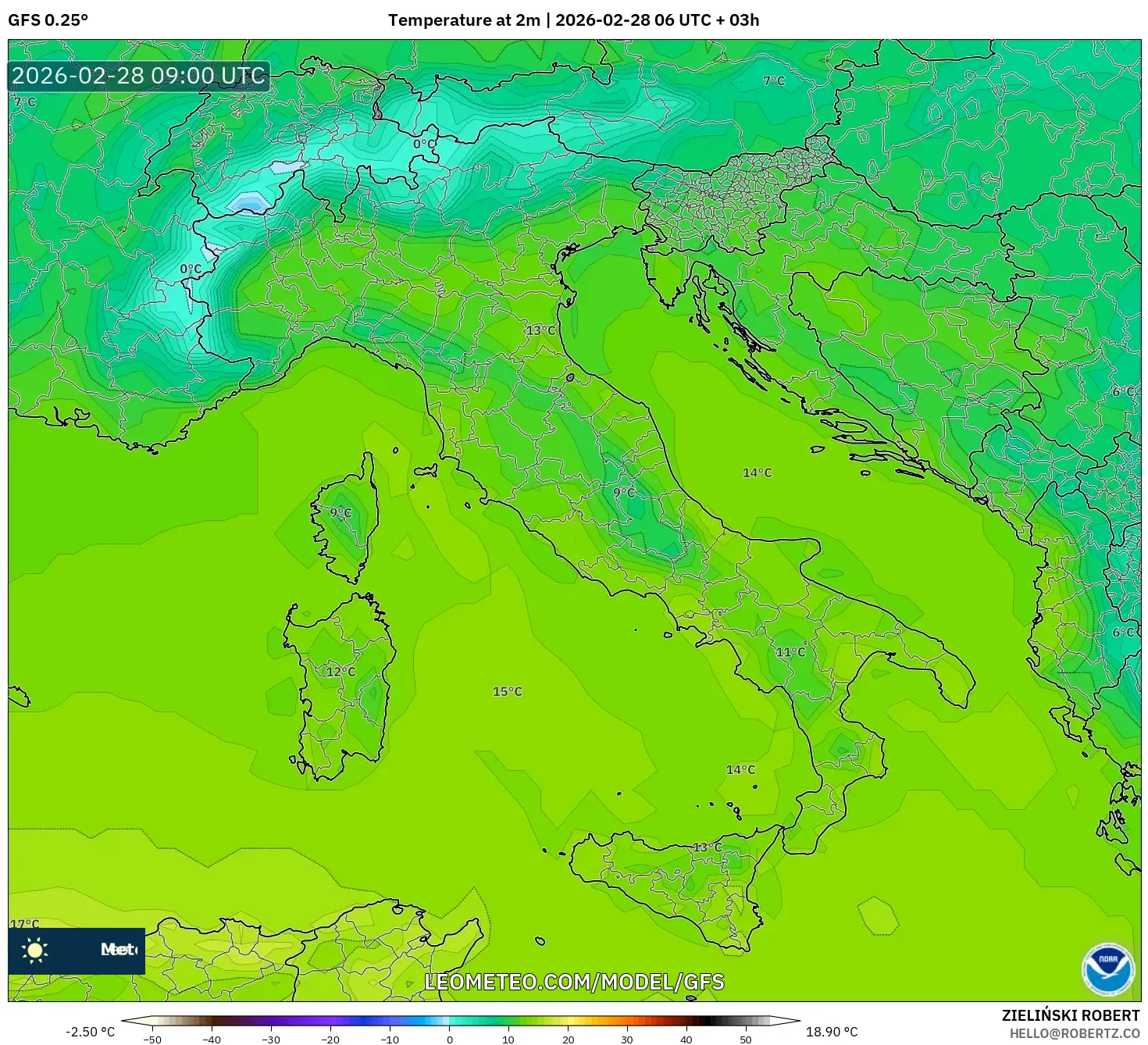GFS model - Italy, Temperature at 2m
