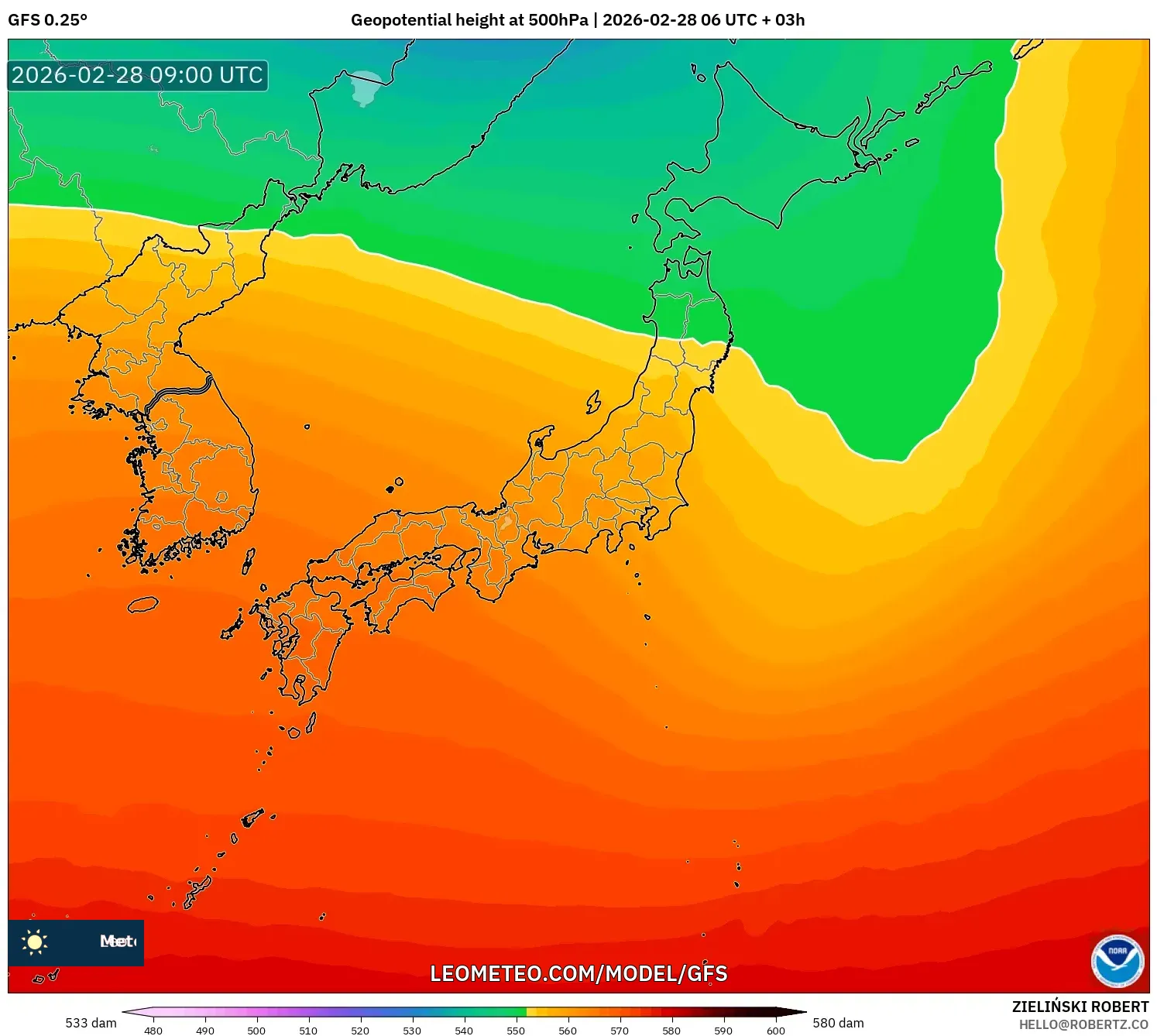 GFS model - Japan, Geopotential height at 500hPa