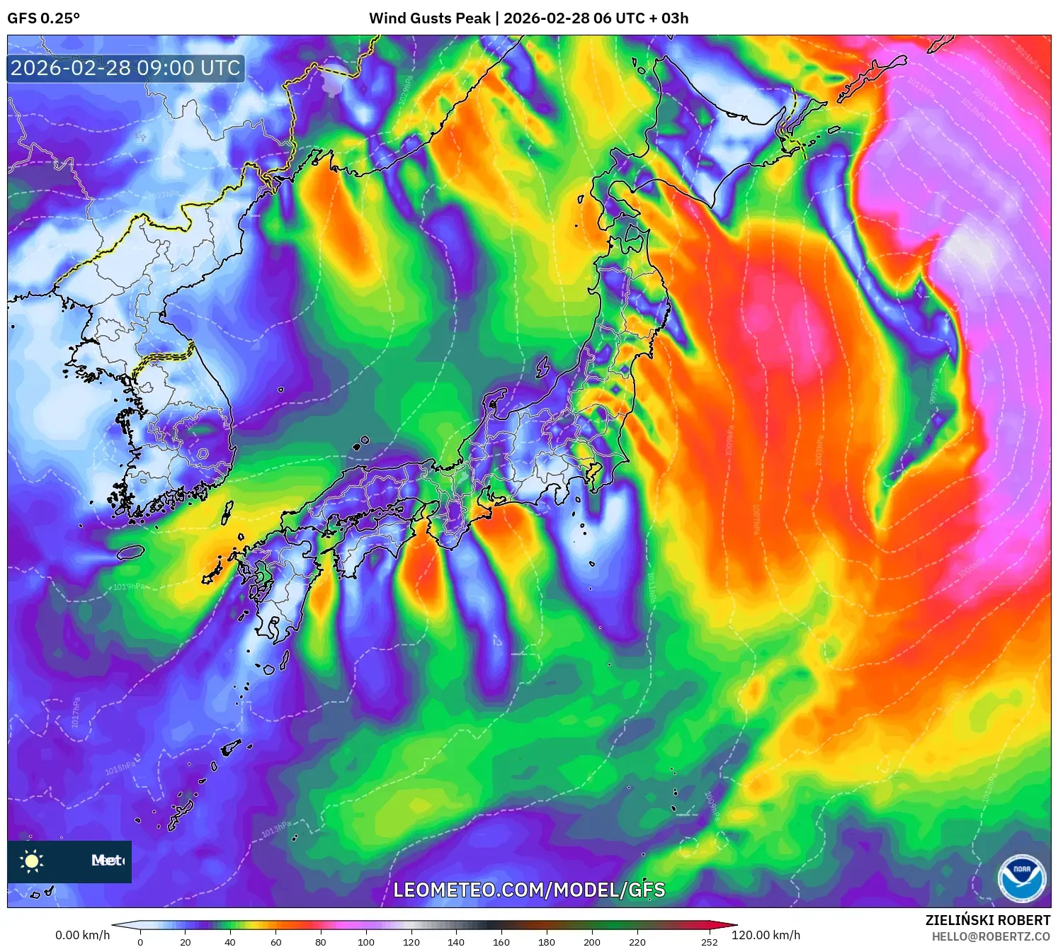 GFS model - Japan, Wind Gusts Peak