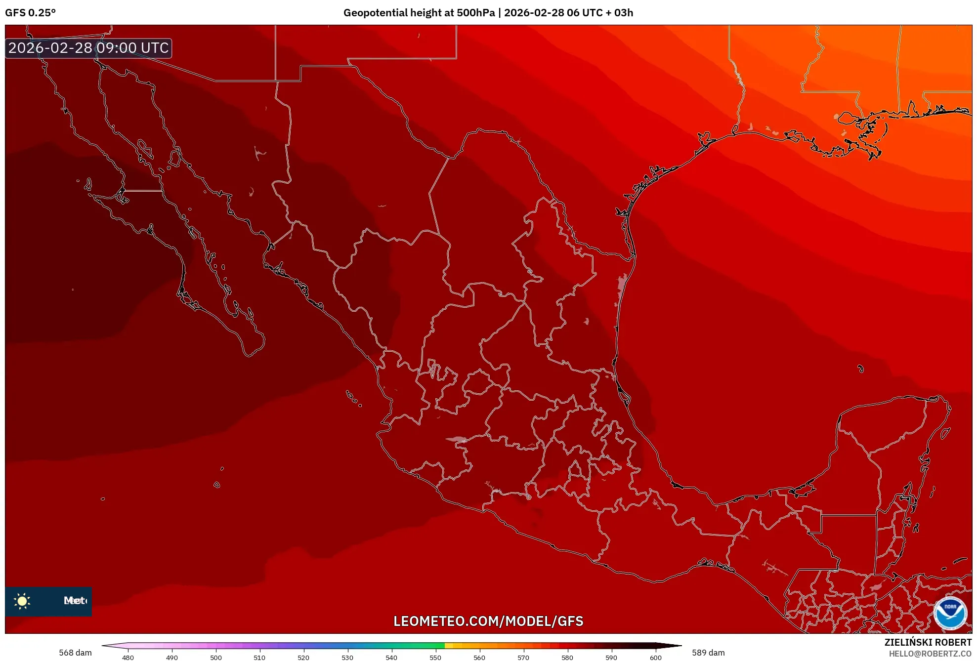 GFS model - Mexico, Geopotential height at 500hPa