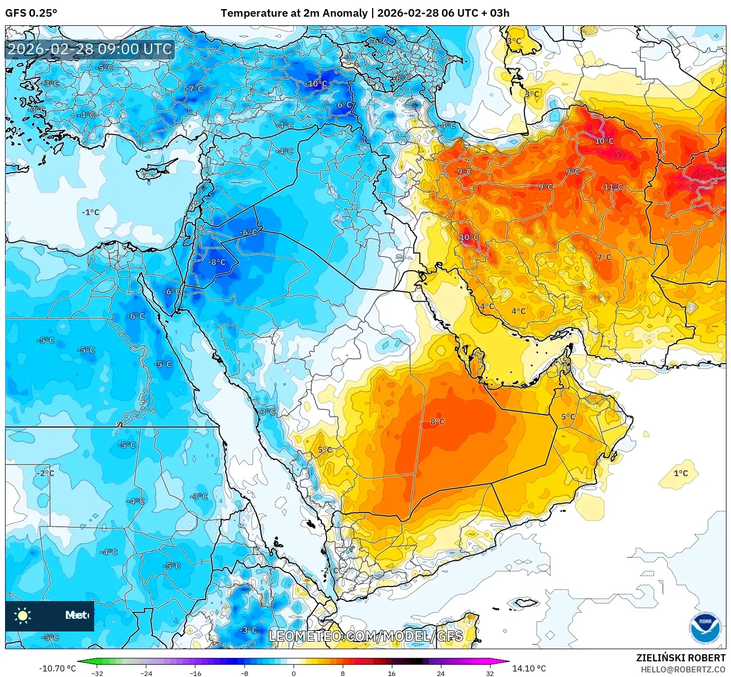 GFS model - Middle East, Temperature at 2m Anomaly