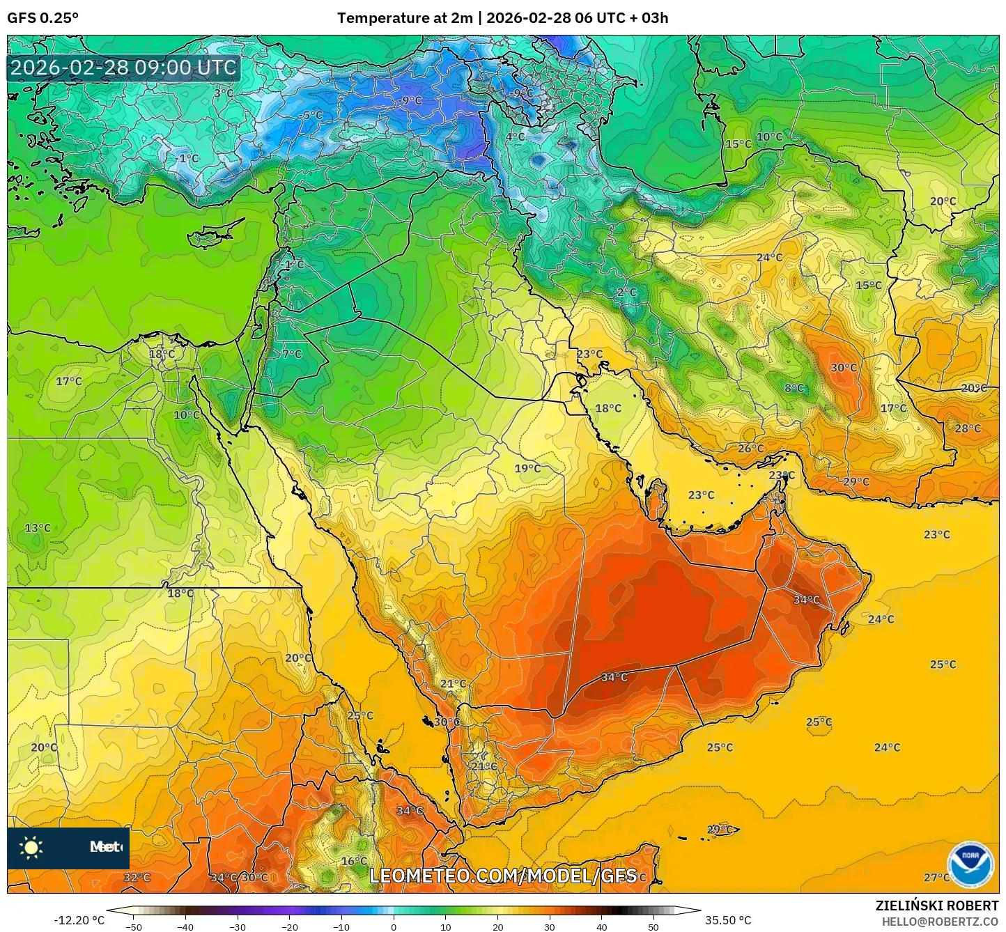 GFS model - Middle East, Temperature at 2m