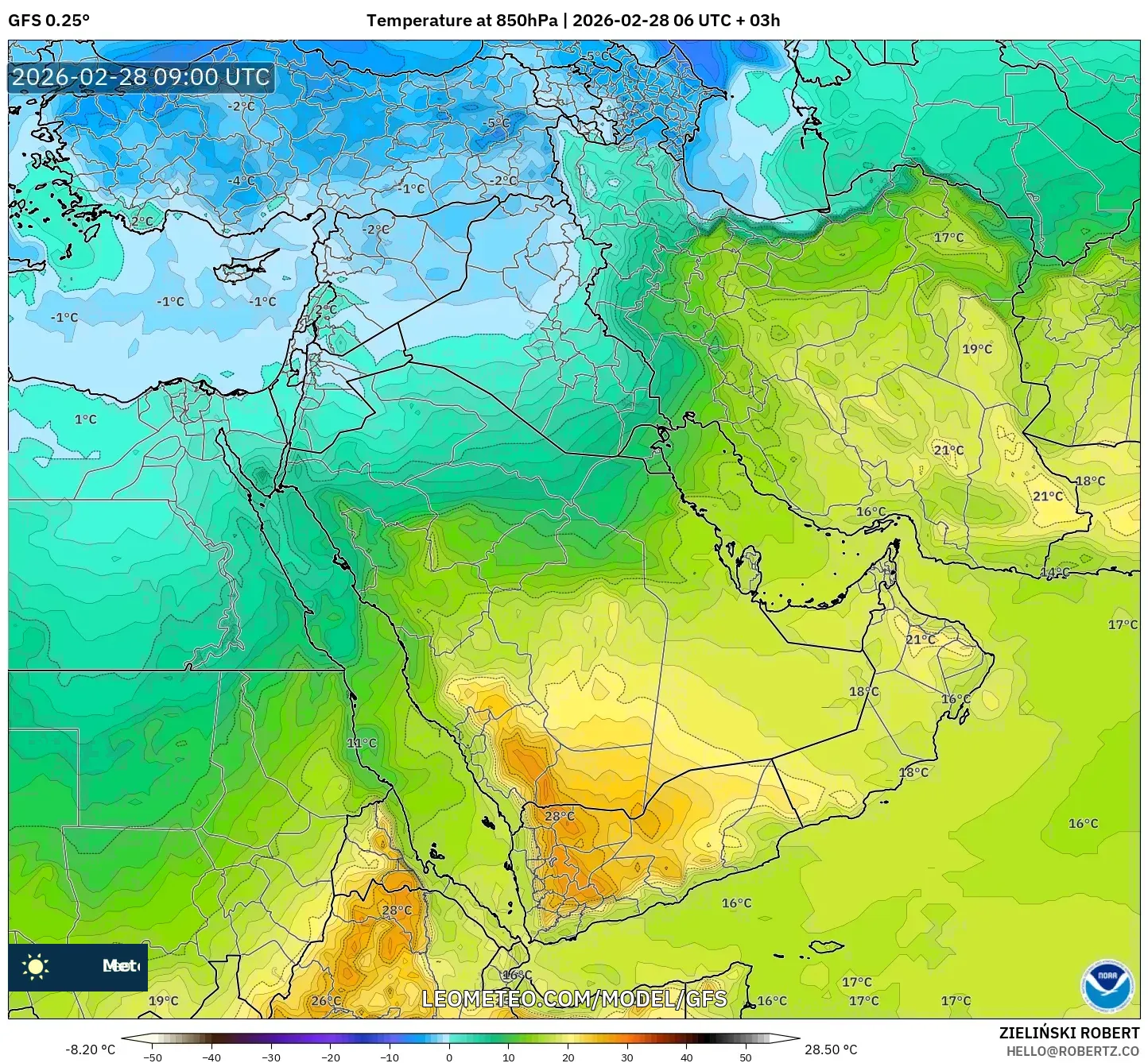 GFS model - Middle East, Temperature at 850hPa
