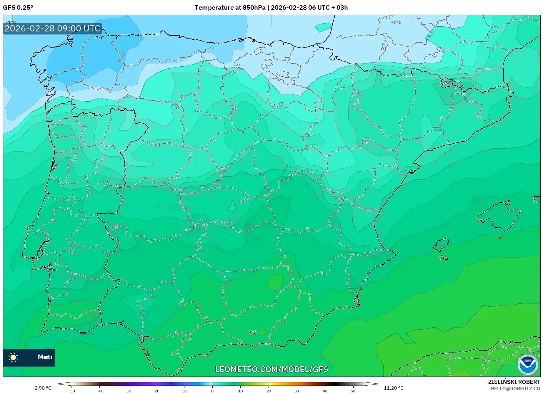 GFS model - Spain, Temperature at 850hPa