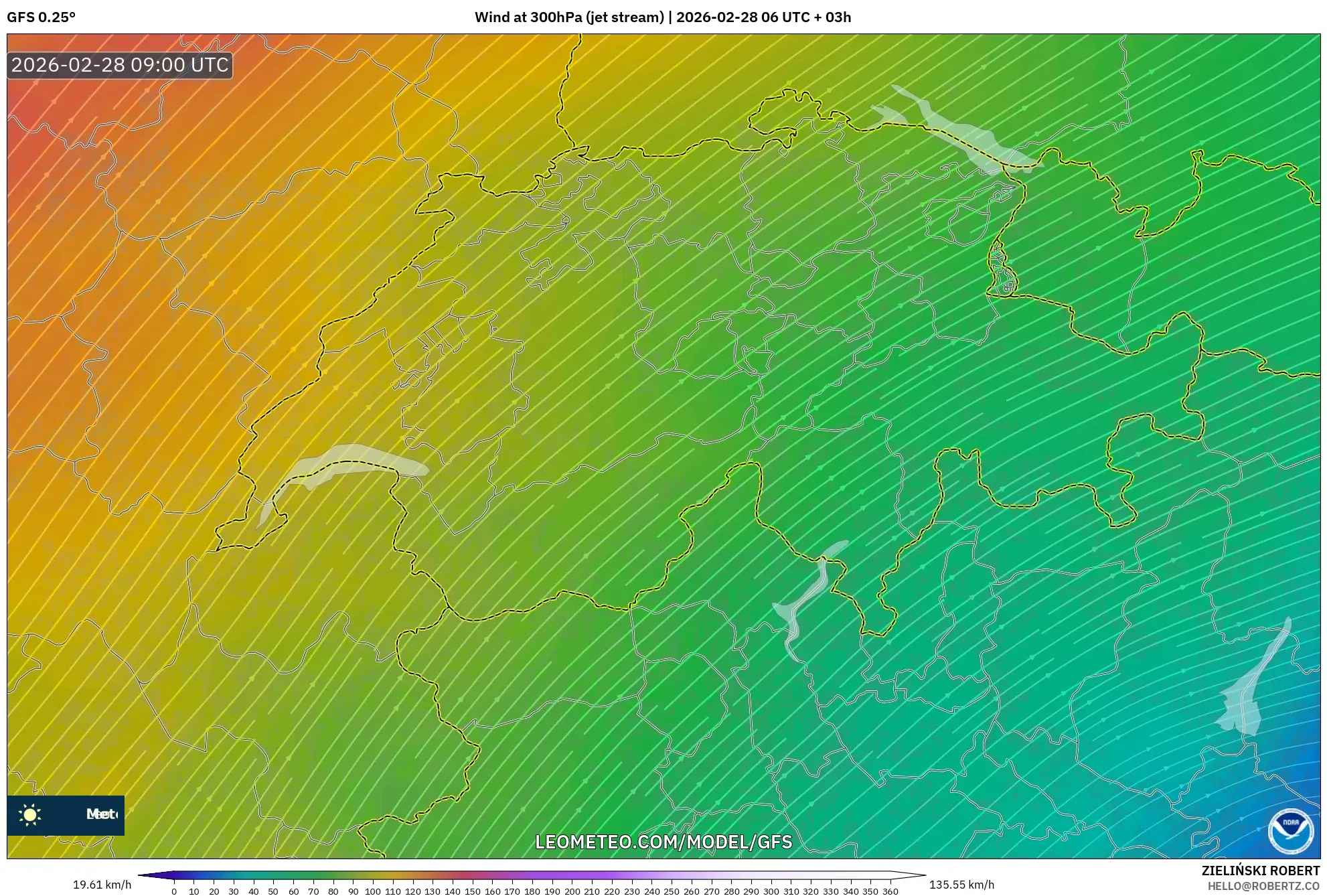 GFS model - Switzerland, Wind at 300hPa (jet stream)