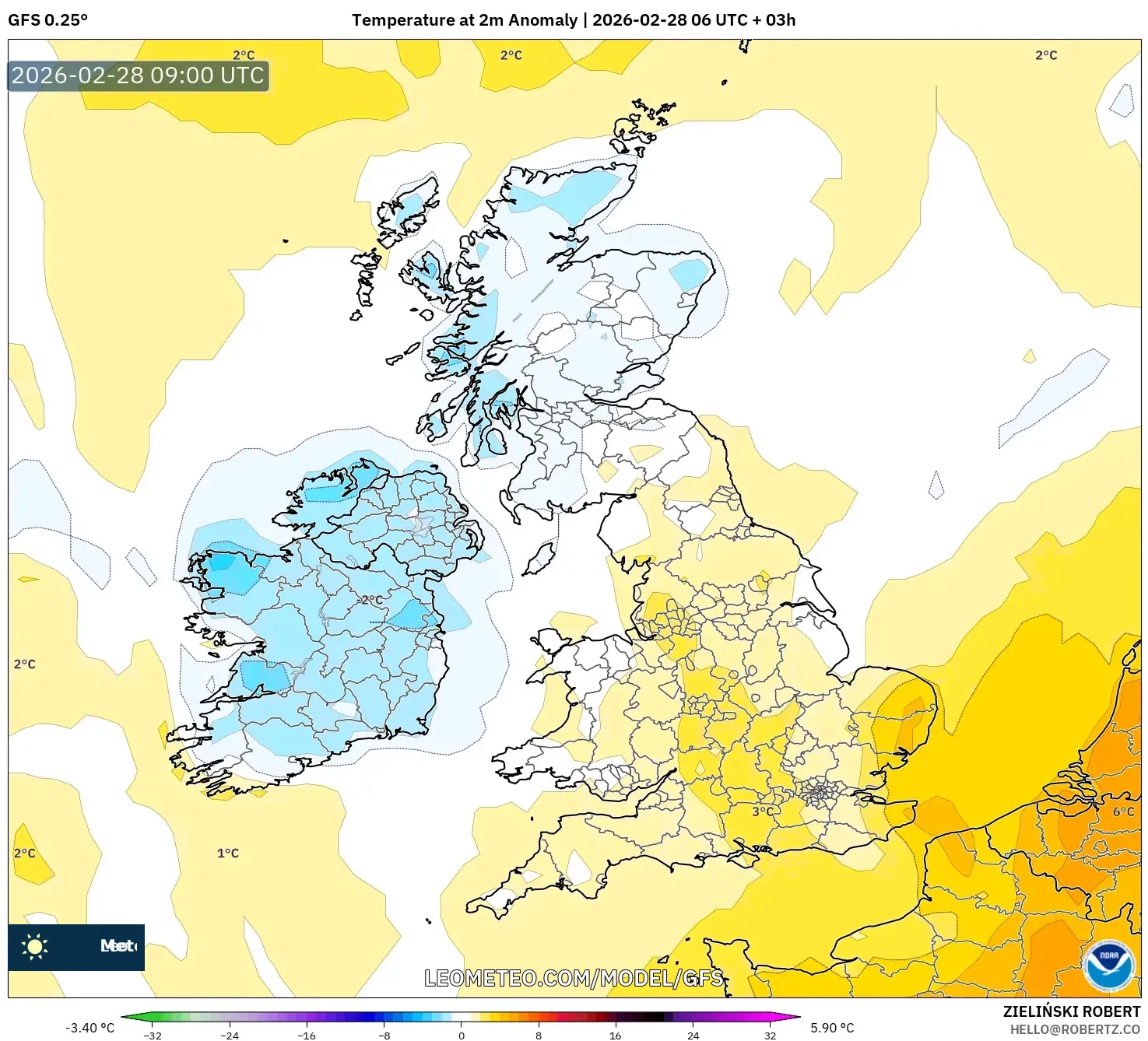 GFS model - United Kingdom, Temperature at 2m Anomaly