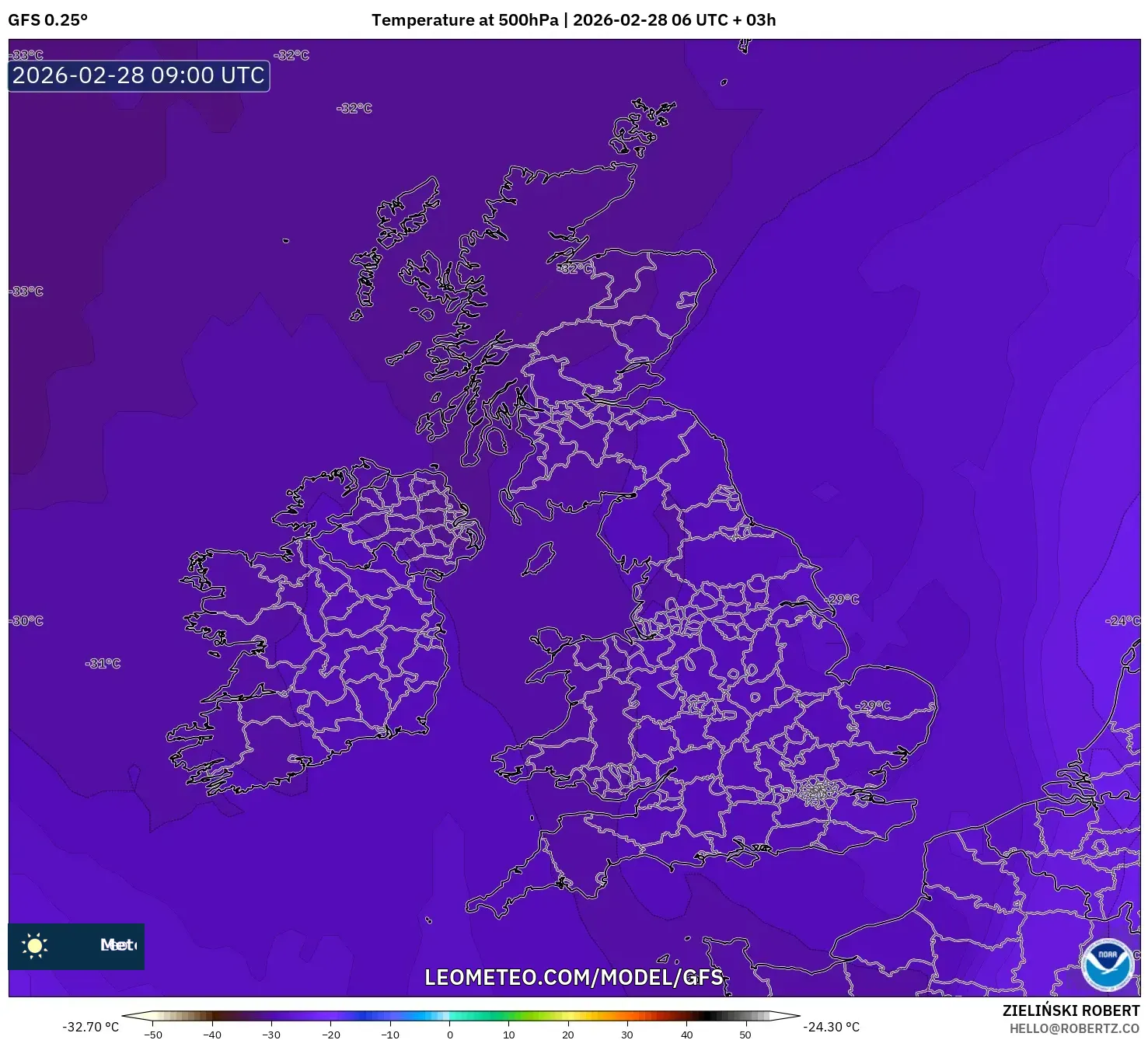 GFS model - United Kingdom, Temperature at 500hPa