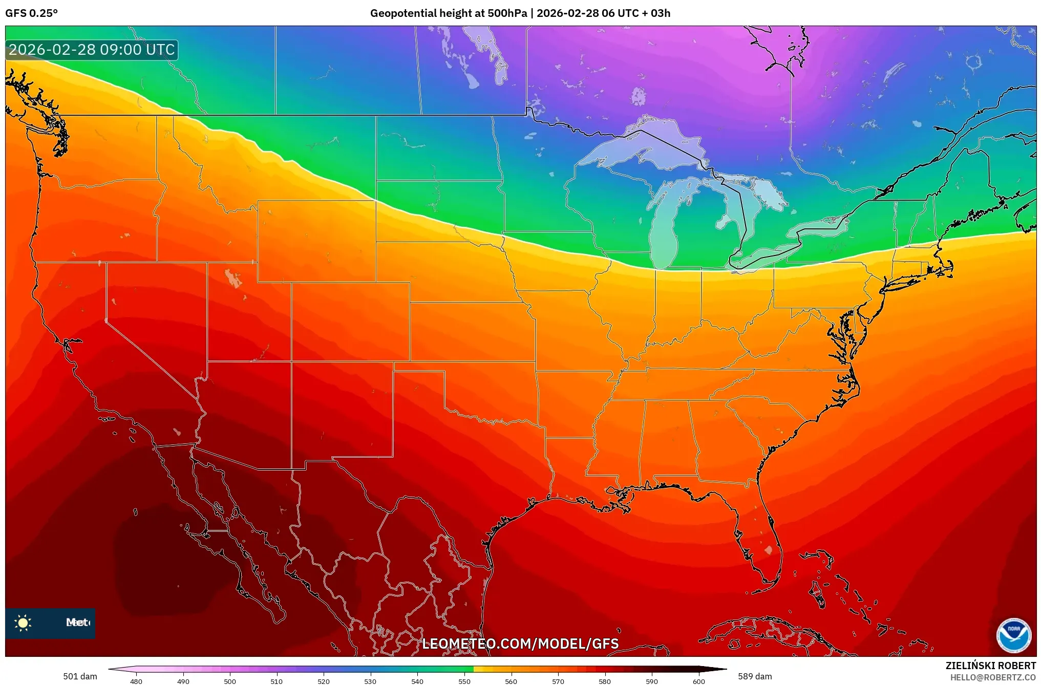 GFS model - United States, Geopotential height at 500hPa