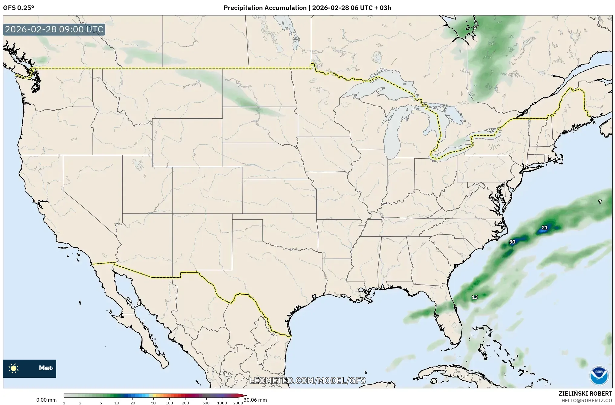 GFS model - United States, Precipitation Accumulation