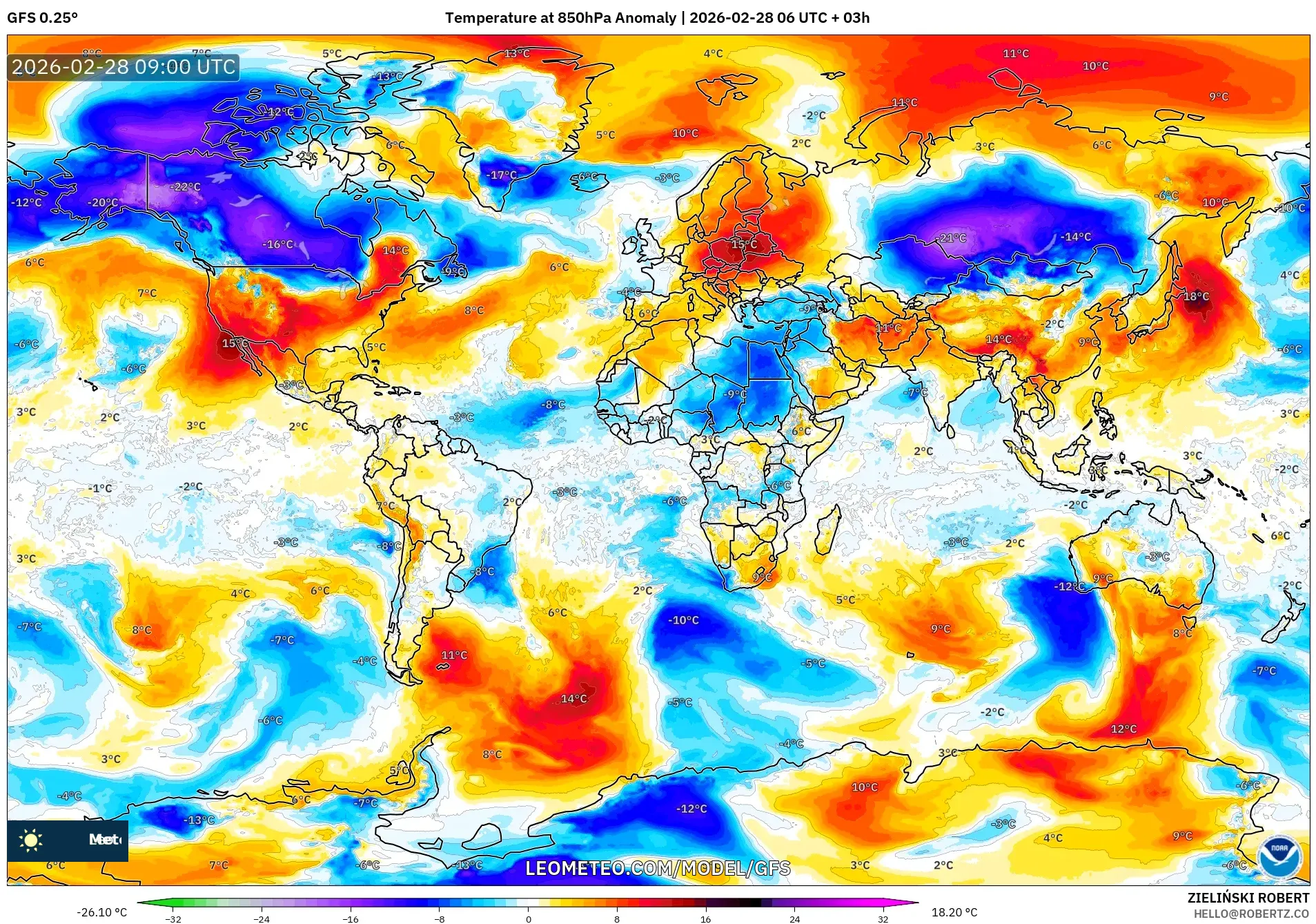 GFS model - World, Temperature at 850hPa Anomaly