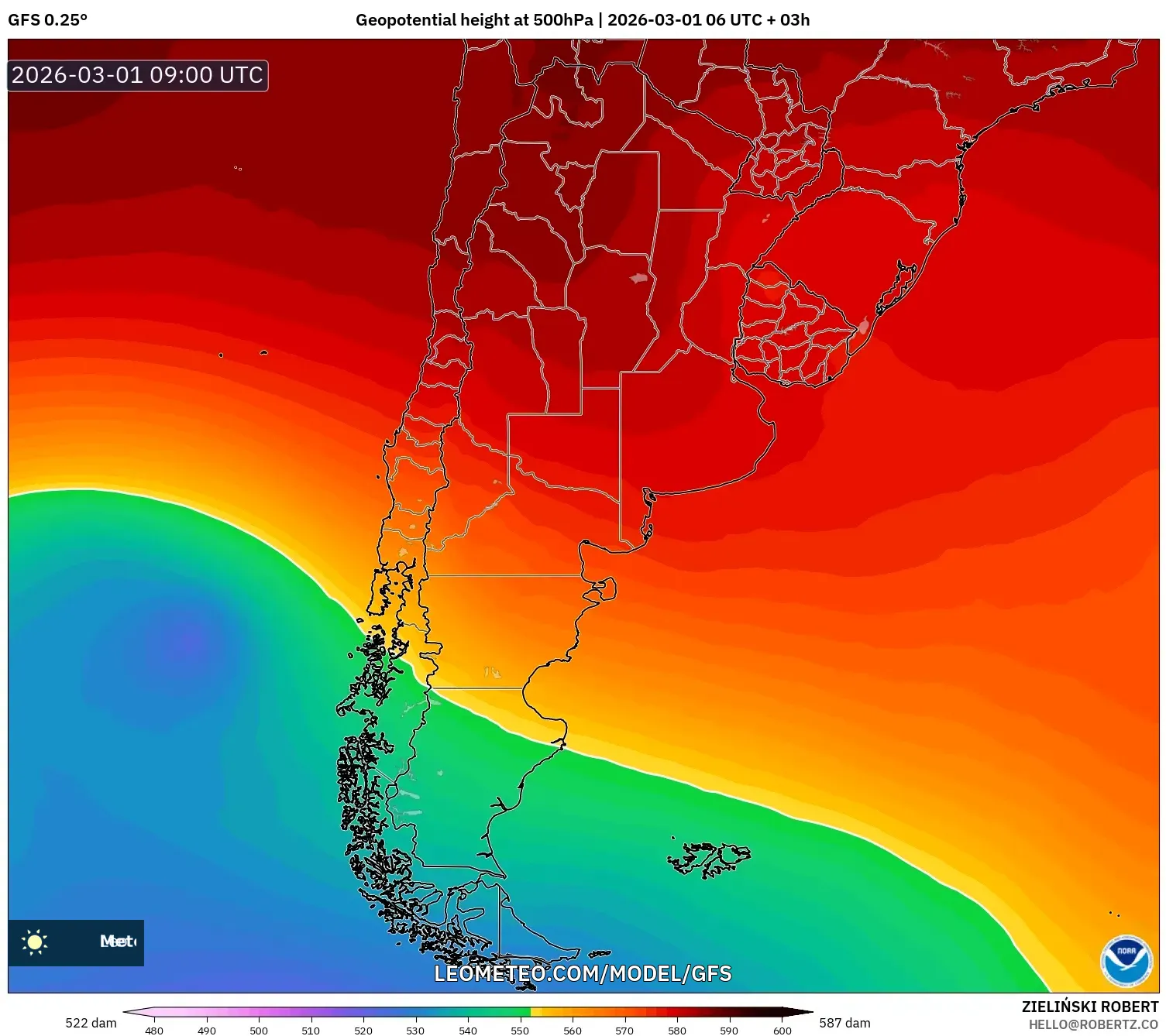 GFS model - Argentina, Geopotential height at 500hPa