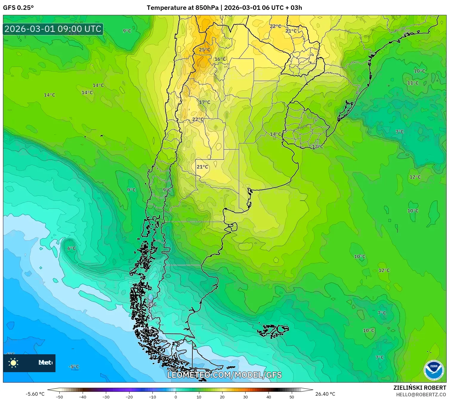 GFS model - Argentina, Temperature at 850hPa