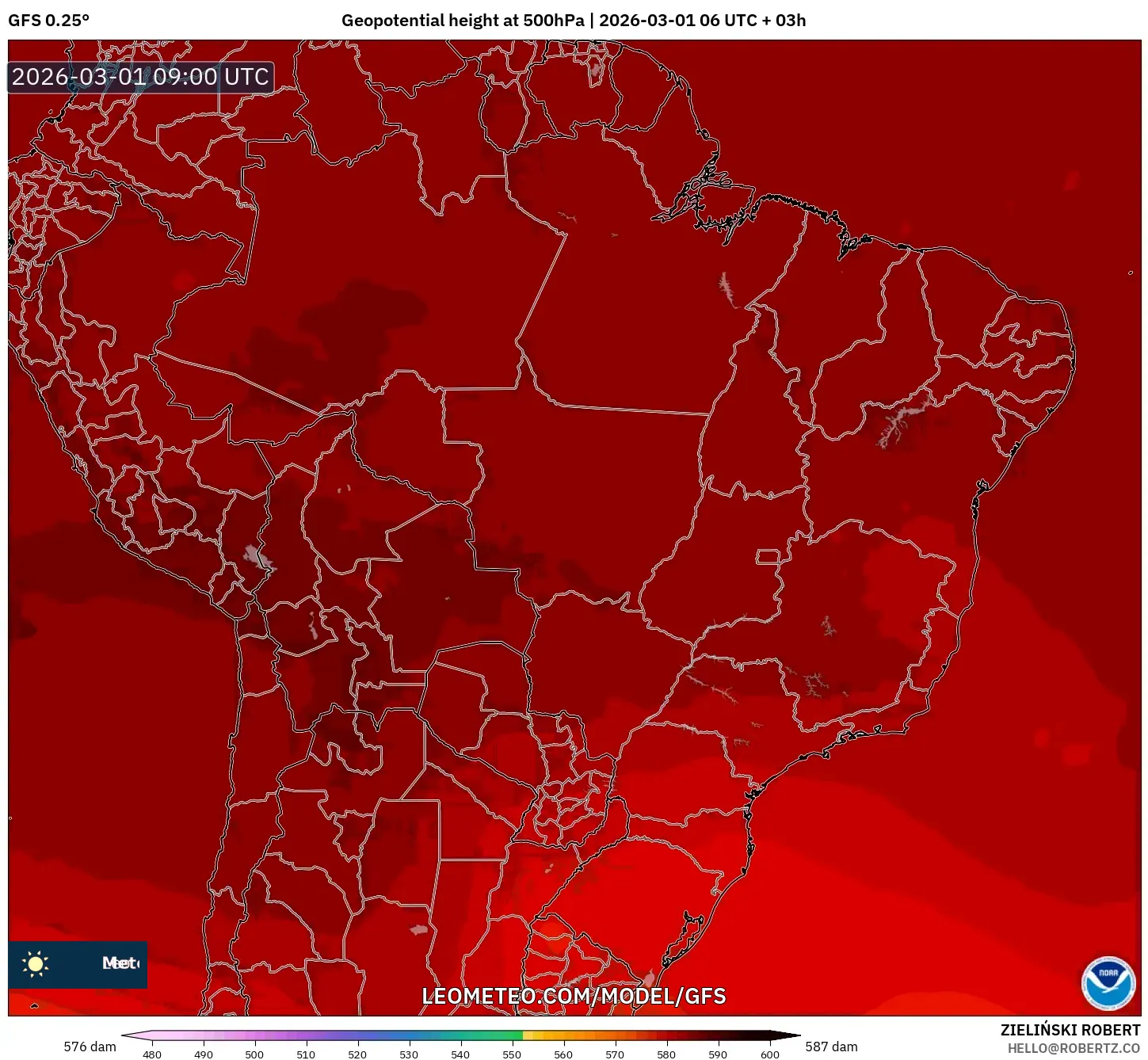 GFS model - Brazil, Geopotential height at 500hPa