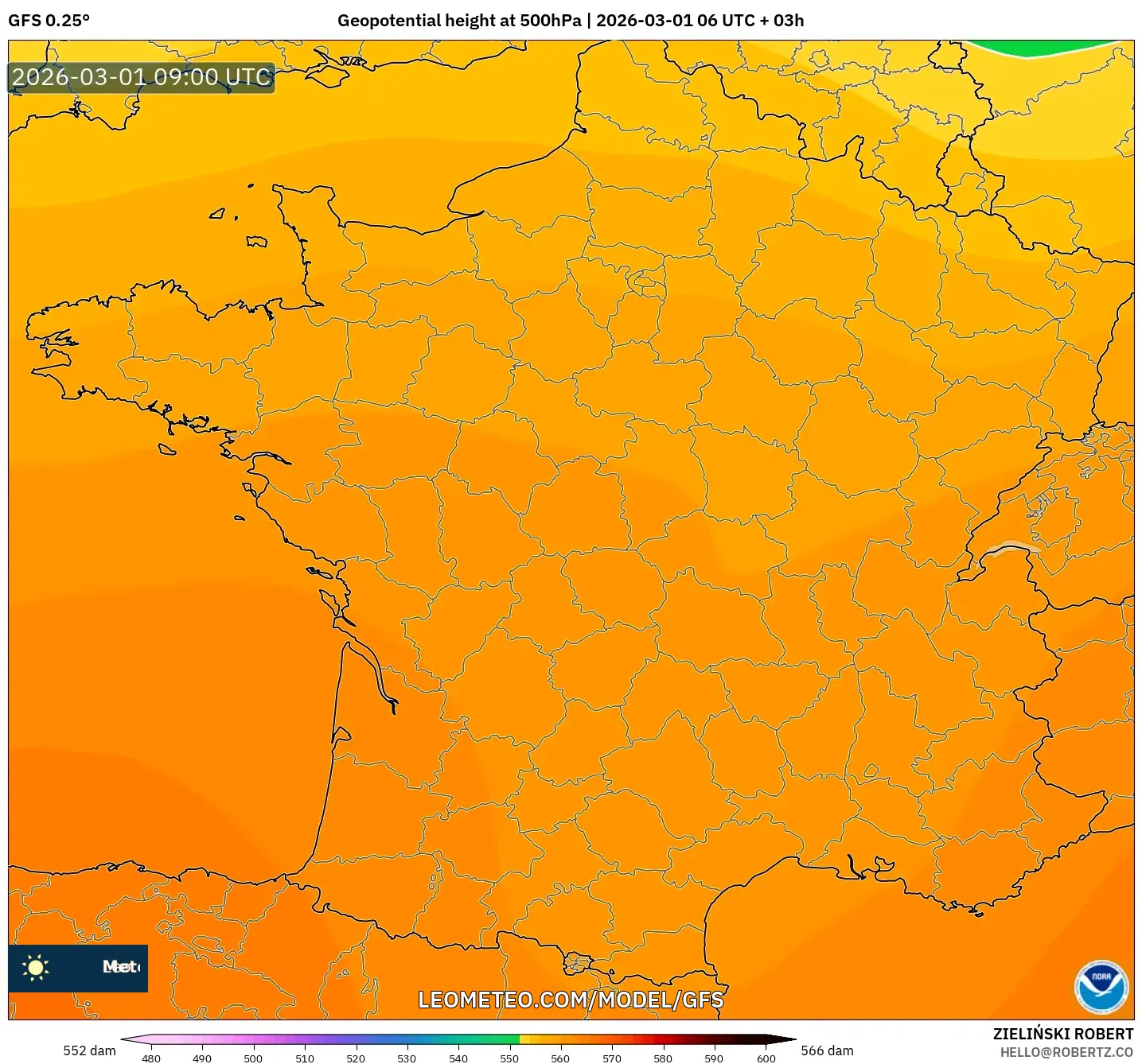 GFS model - France, Geopotential height at 500hPa