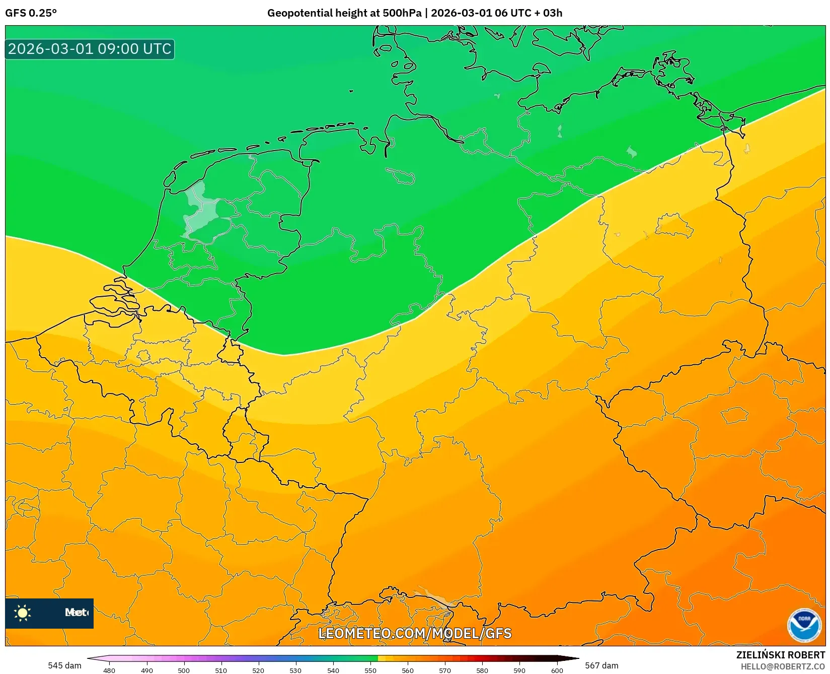 GFS model - Germany, Geopotential height at 500hPa