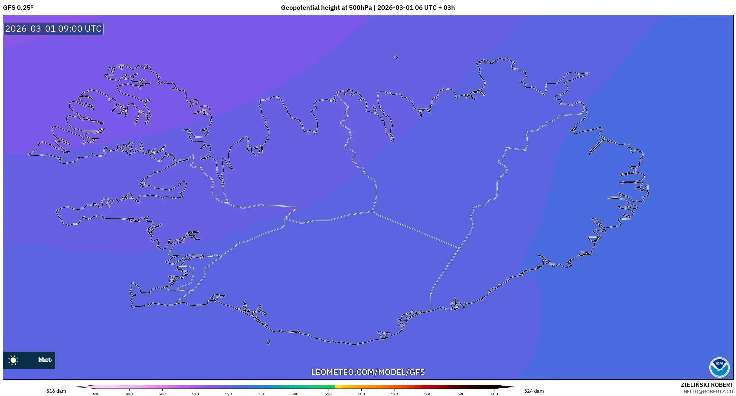 GFS model - Iceland, Geopotential height at 500hPa