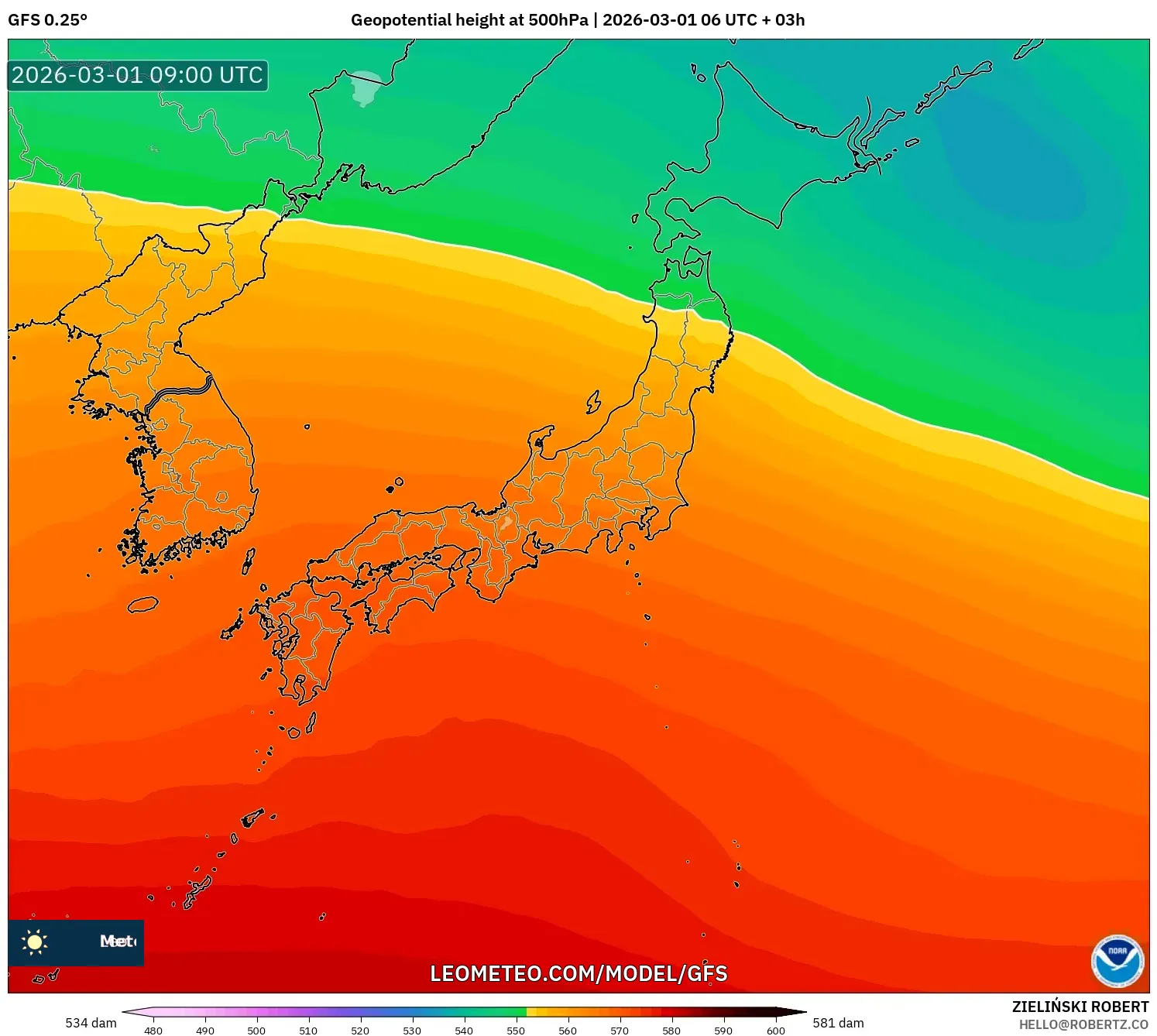 GFS model - Japan, Geopotential height at 500hPa