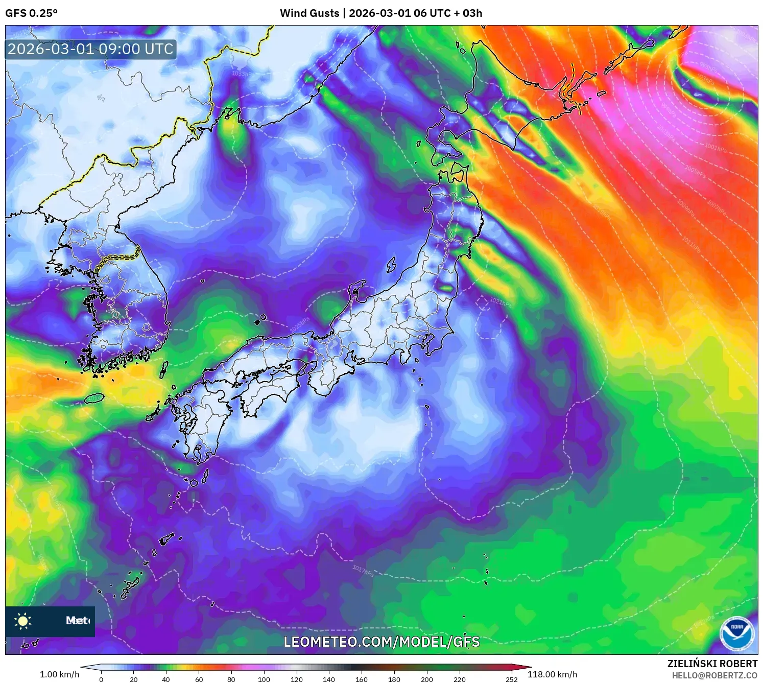 GFS model - Japan, Wind Gusts